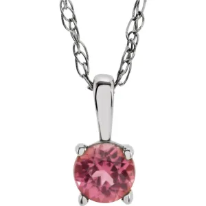 14k White Gold Imitation Pink Tourmaline "October" Birthstone 14" Necklace