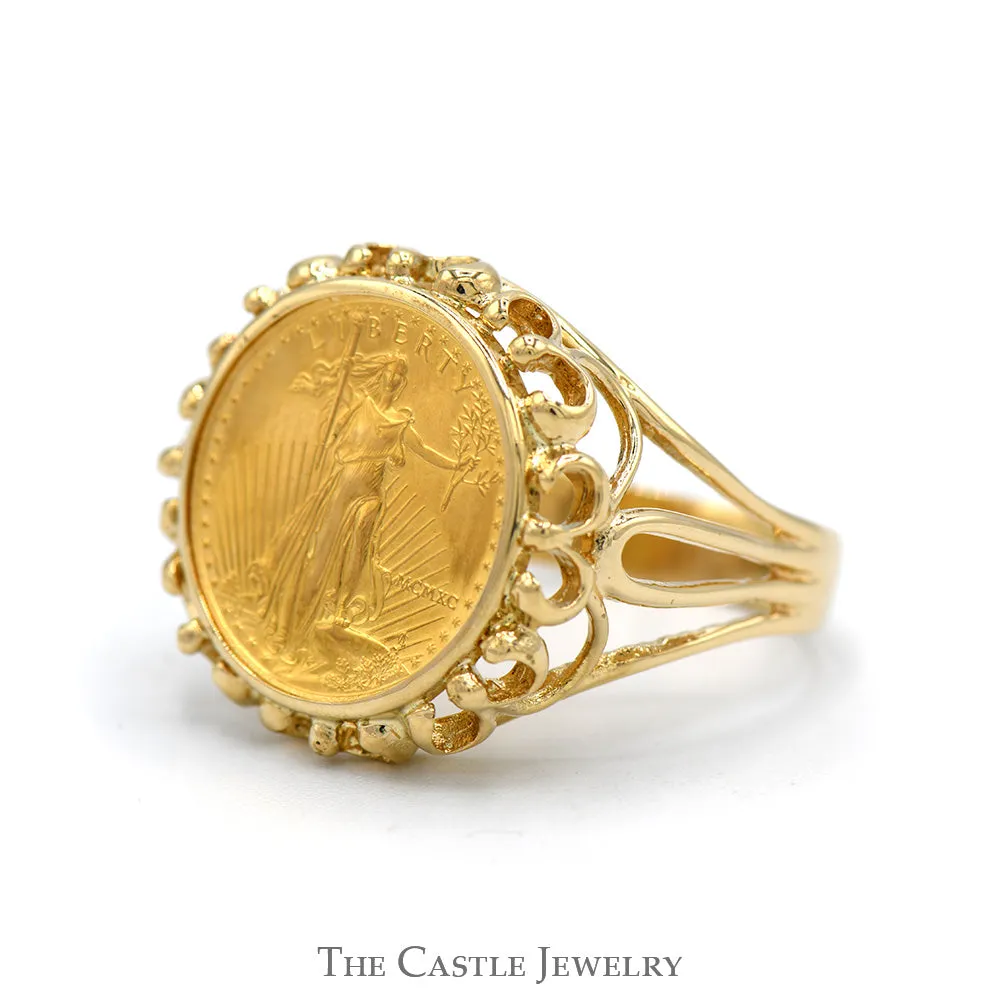 22k 1/10oz 1990 MCMXC Liberty Coin Ring with Open Scalloped Bezel in 14k Yellow Gold