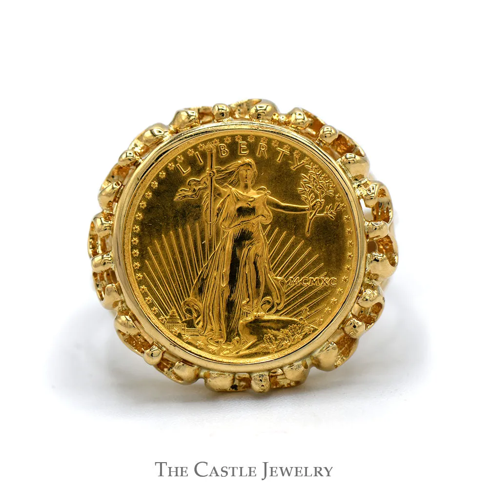 22k 1/10oz 1990 MCMXC Liberty Coin Ring with Open Scalloped Bezel in 14k Yellow Gold