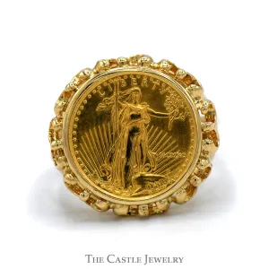 22k 1/10oz 1990 MCMXC Liberty Coin Ring with Open Scalloped Bezel in 14k Yellow Gold