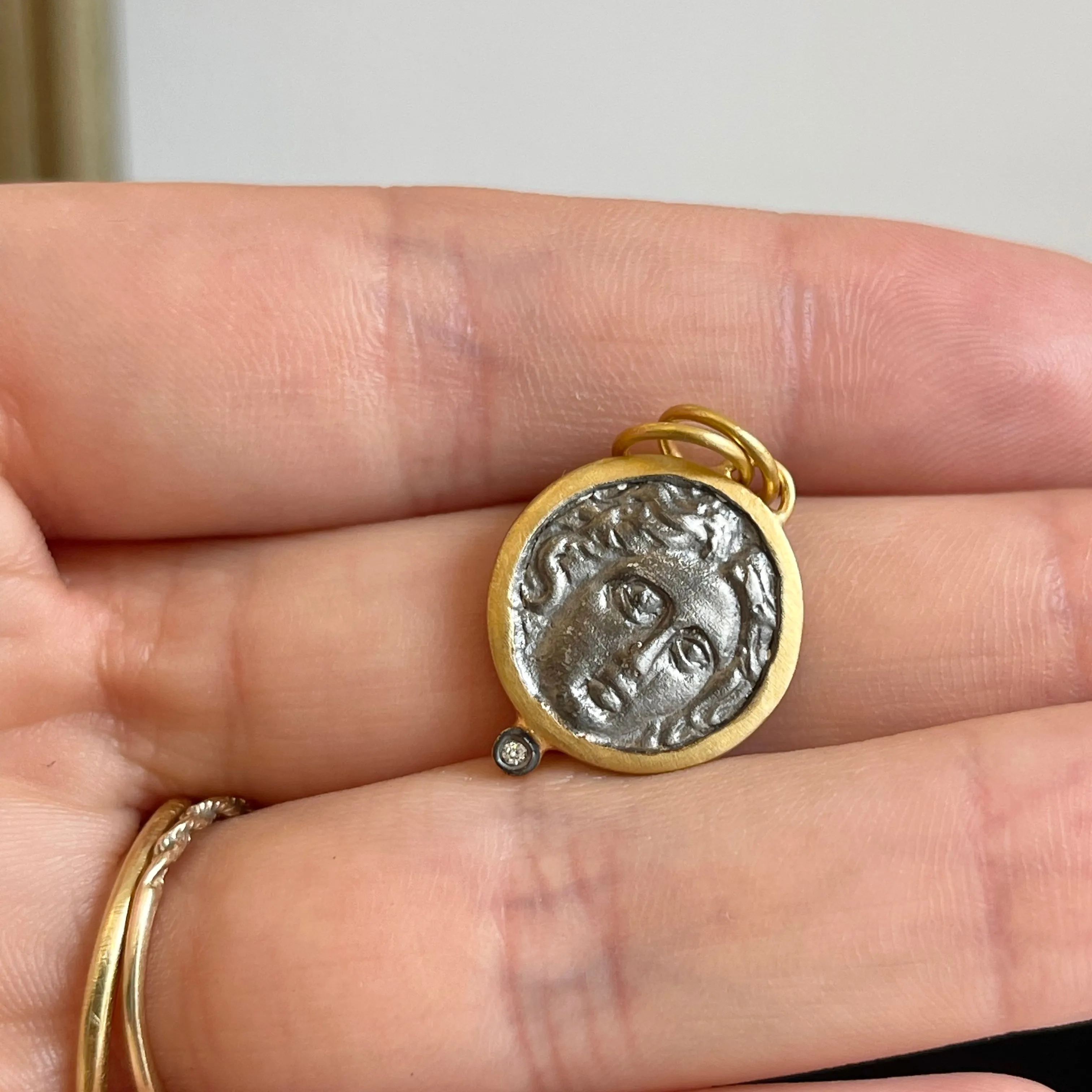 24KT Yellow Gold Infused   Sterling Silver Replica Roman Diamond Coin Pendant