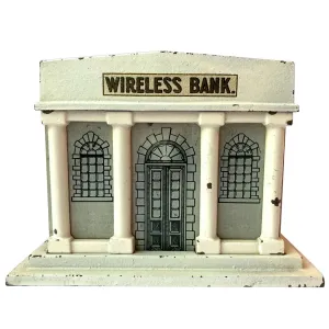 American John Hugo Mfg. Co. Cast Iron, Tin and Wood Wireless Mechanical Bank