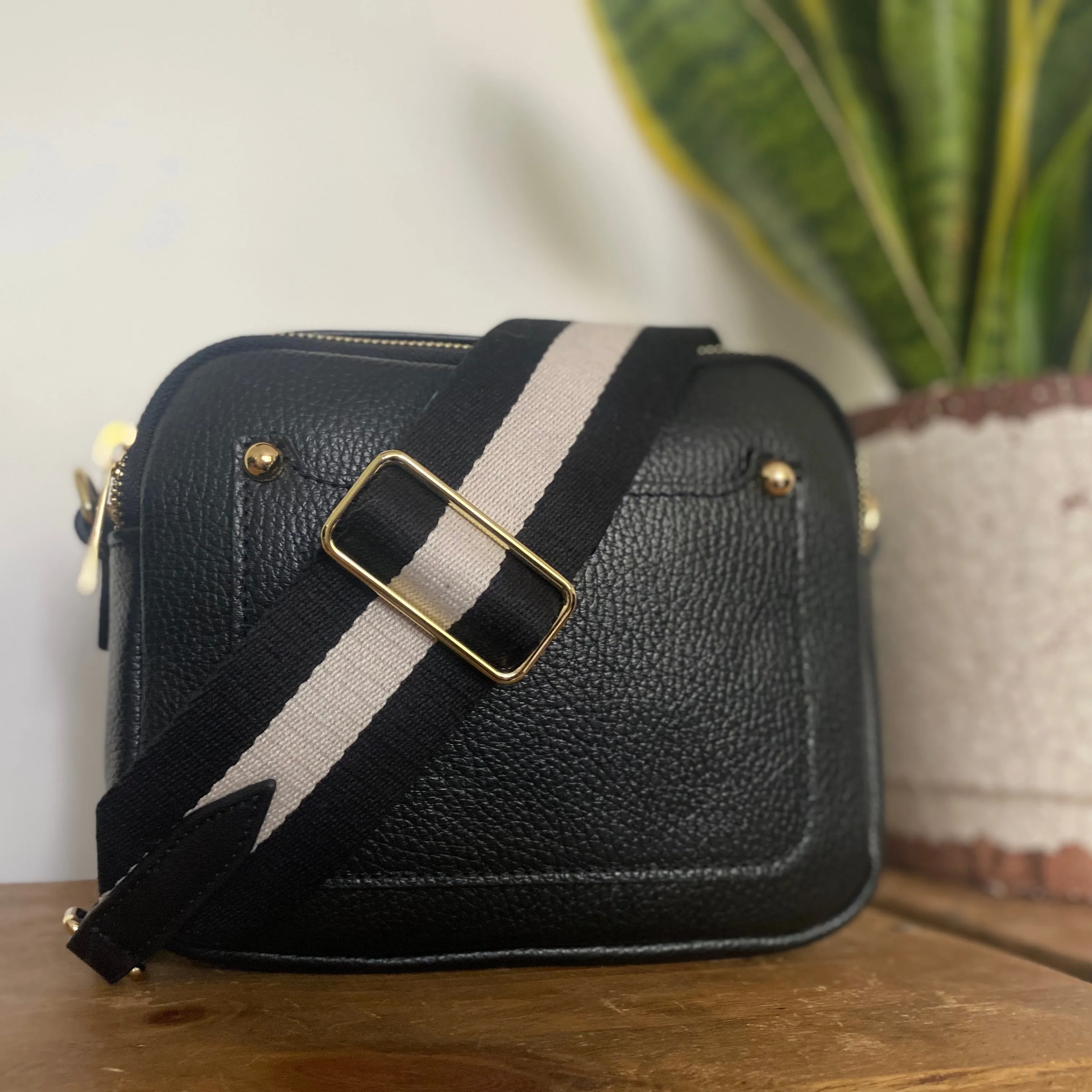 Black Leather Double Zip Cross Body Bag