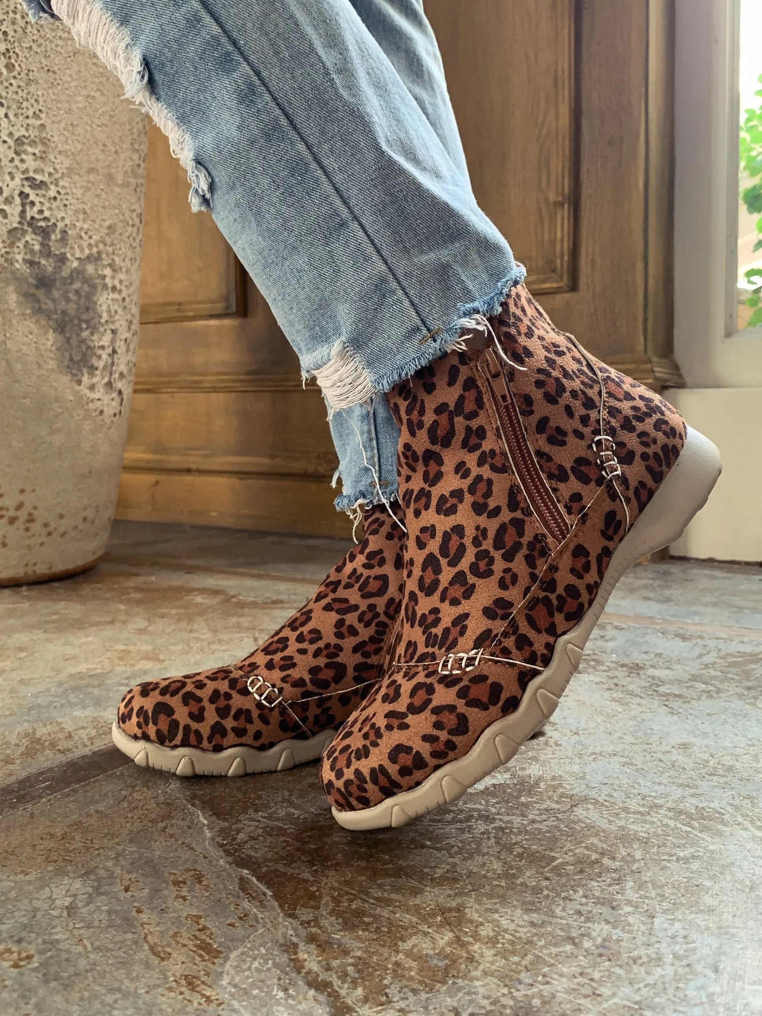 Brown Leopard Plush-Lined Low Ankle Boot