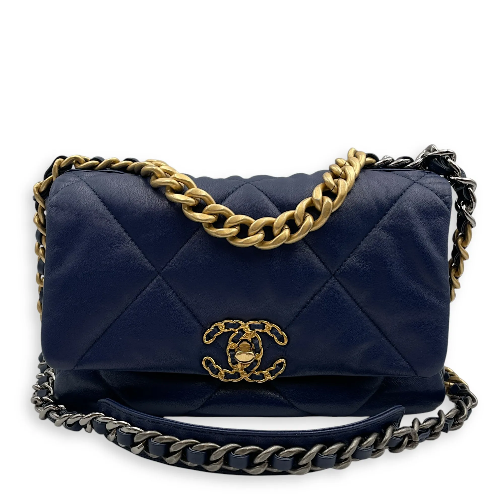 C19 Flap Small Blue Crossbody Bag in Goat Leather, 3-Tone hardware