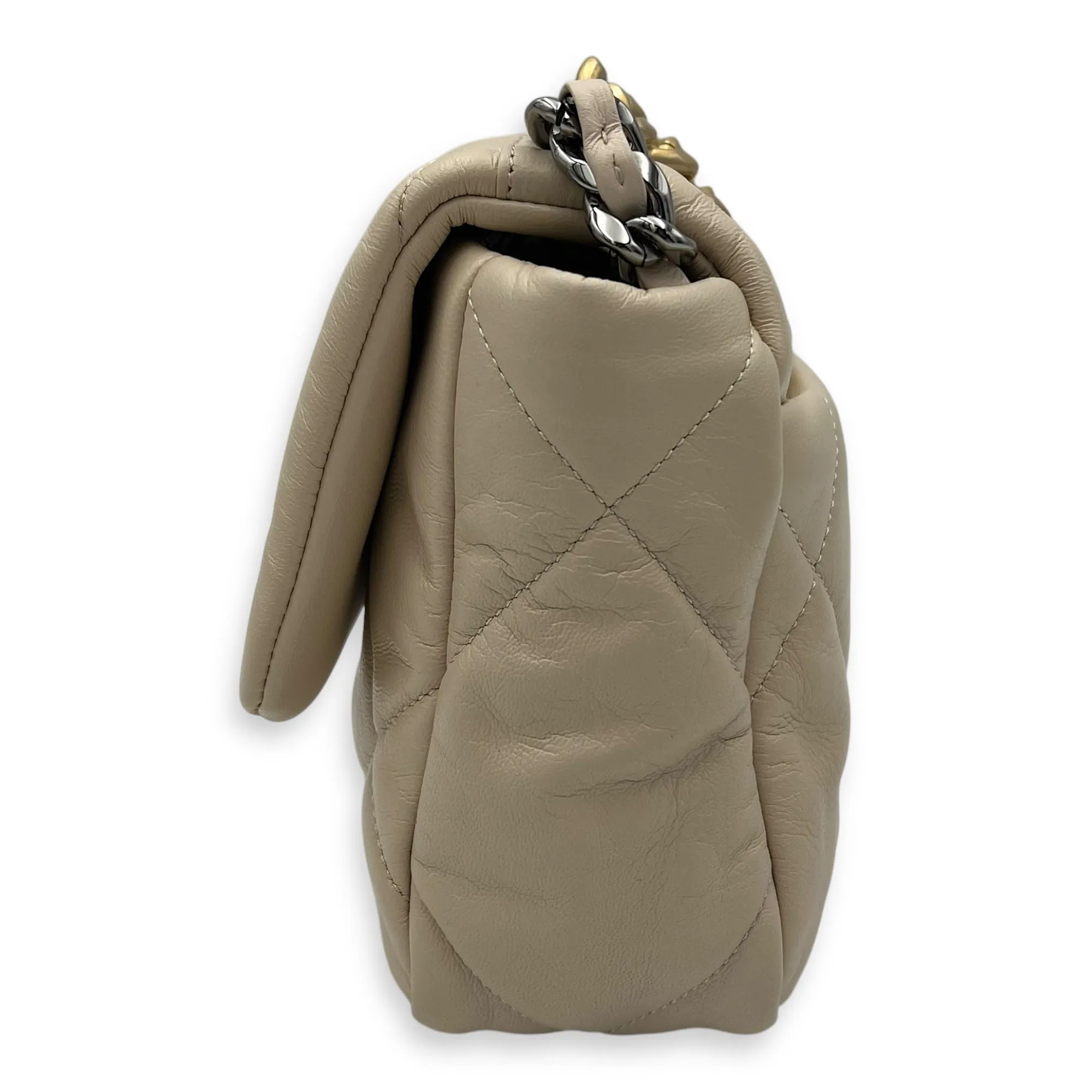 C19 Small Beige Crossbody Bag in Calfskin, Mixed hardware