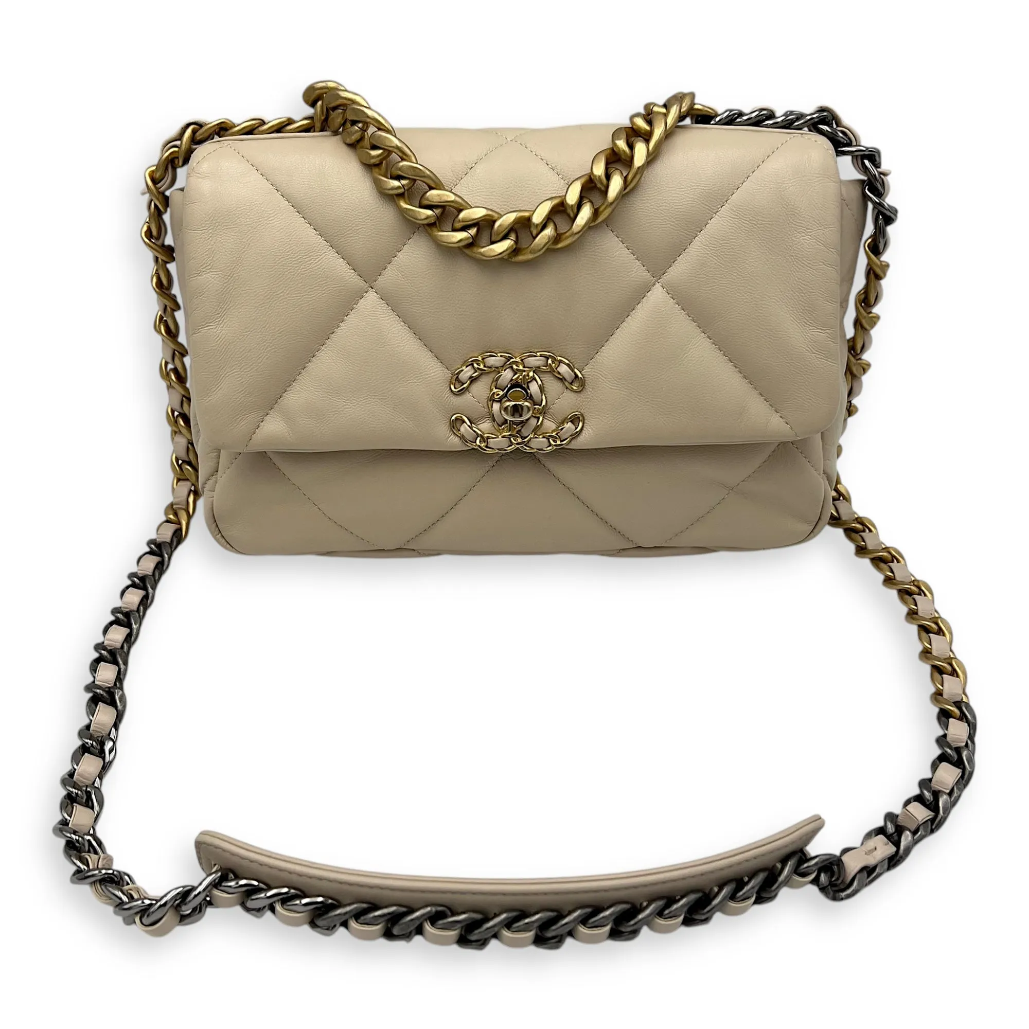C19 Small Beige Crossbody Bag in Calfskin, Mixed hardware