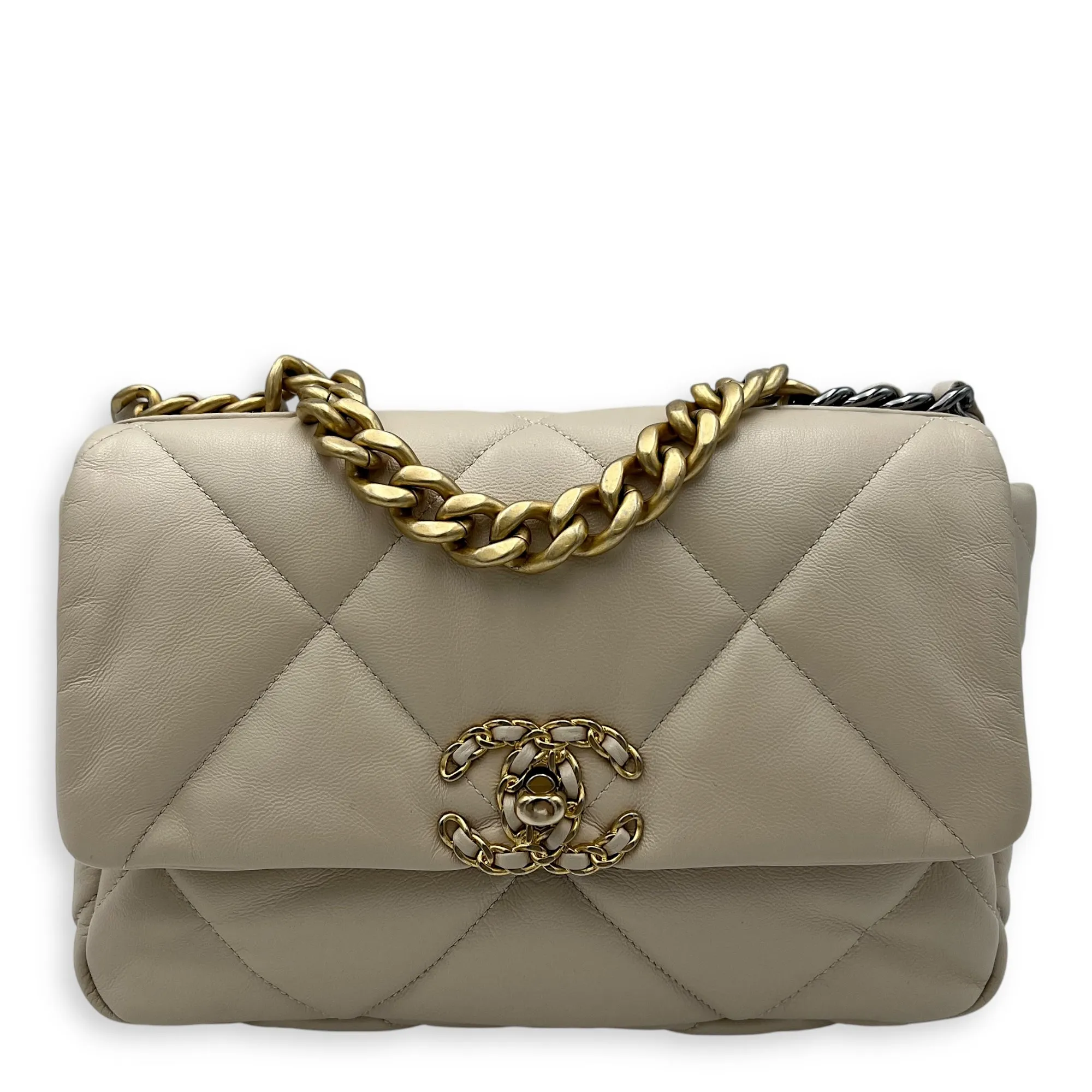 C19 Small Beige Crossbody Bag in Calfskin, Mixed hardware