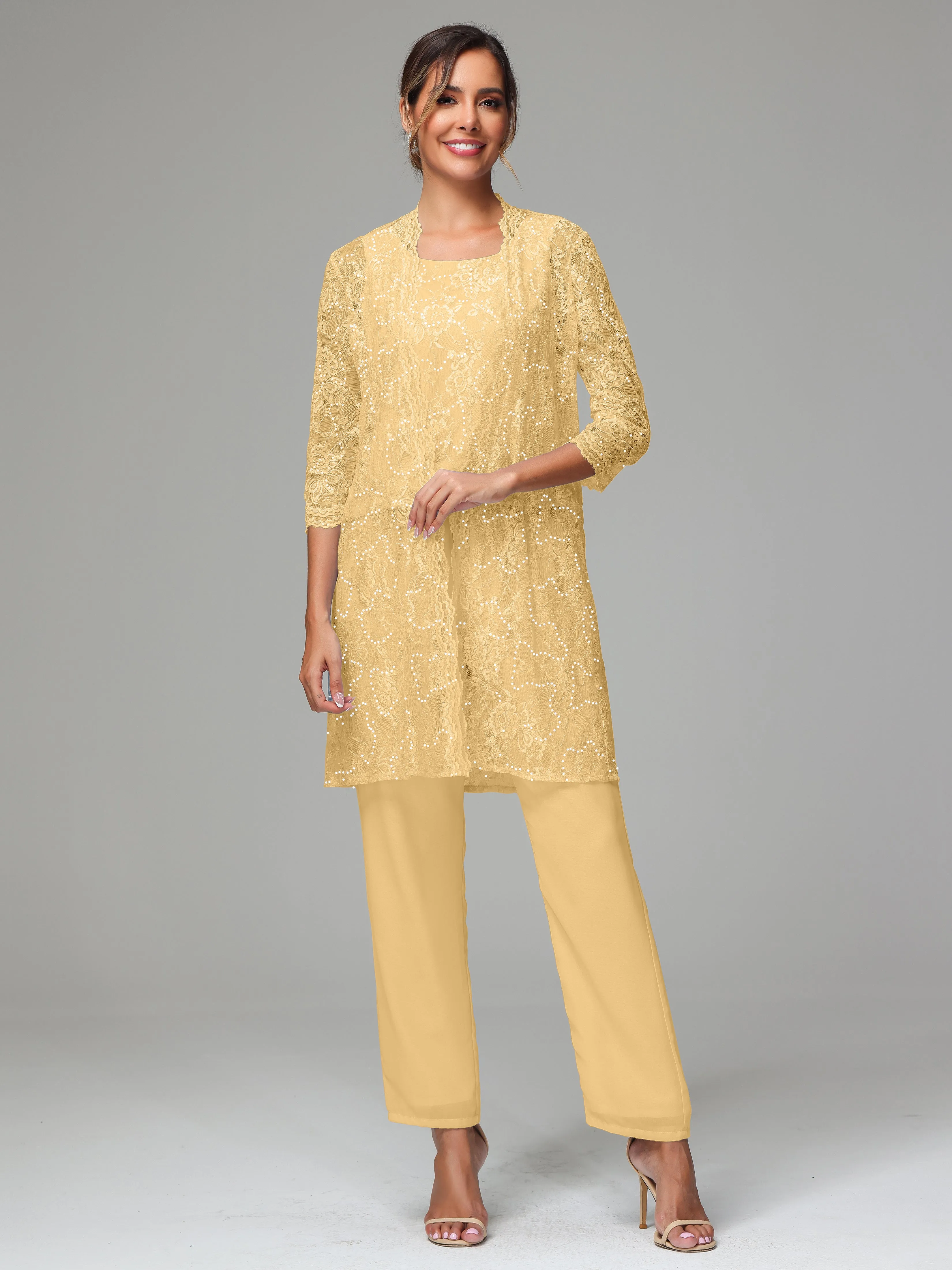 Chic Chiffon Lace 3 Pieces Long Sleeves Mother Of The Bride Dress Pants Suits