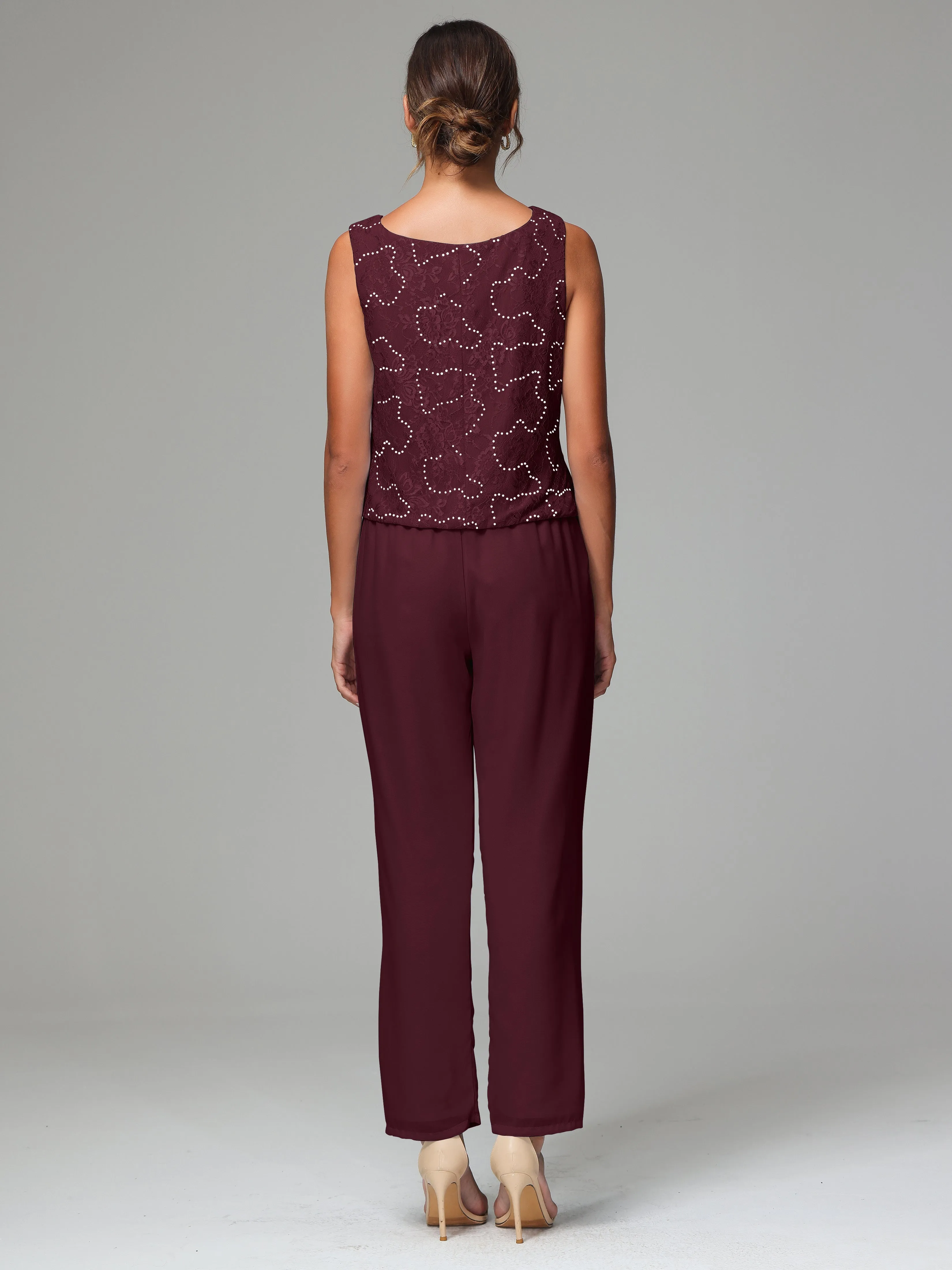 Chic Chiffon Lace 3 Pieces Long Sleeves Mother Of The Bride Dress Pants Suits
