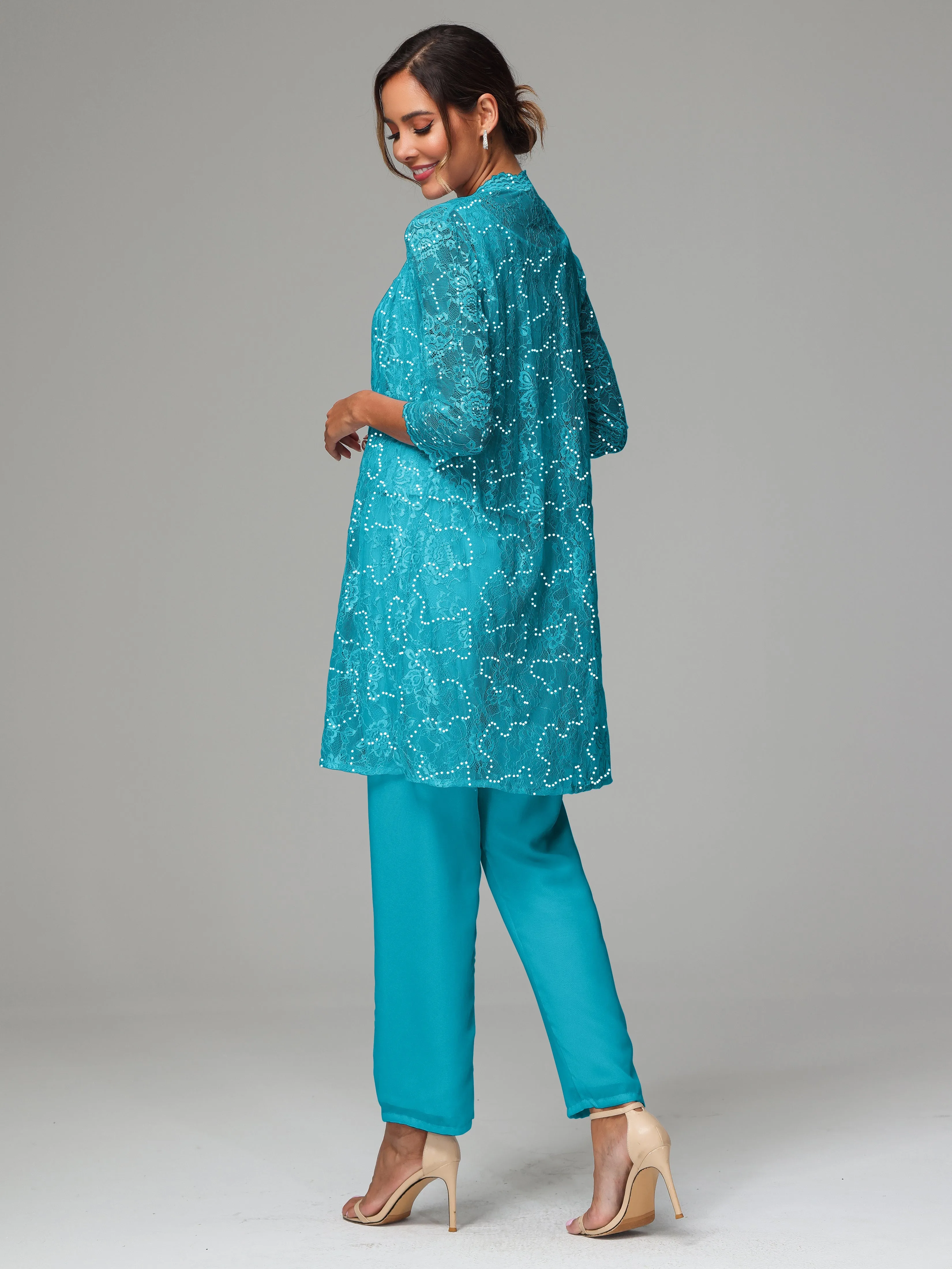 Chic Chiffon Lace 3 Pieces Long Sleeves Mother Of The Bride Dress Pants Suits