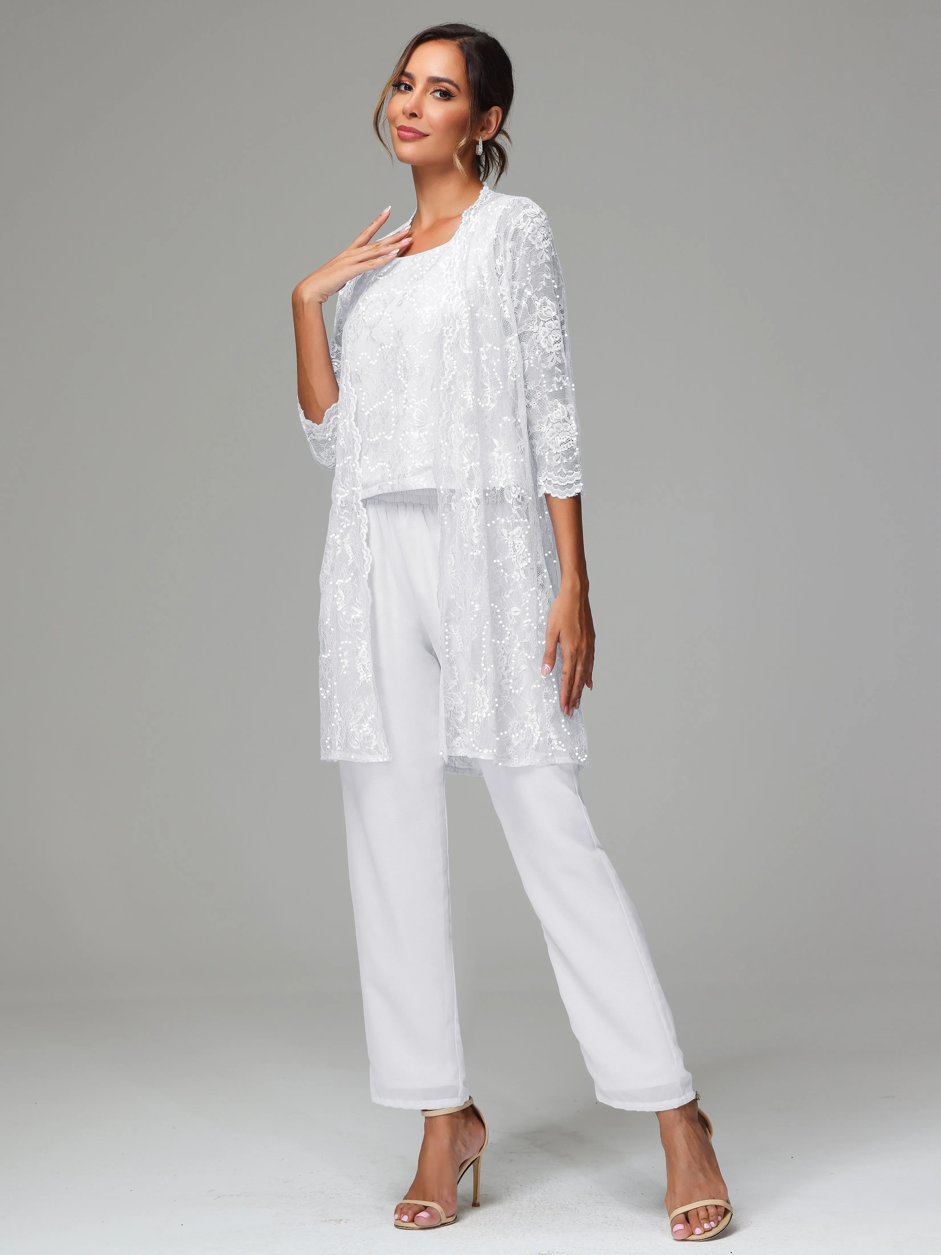 Chic Chiffon Lace 3 Pieces Long Sleeves Mother Of The Bride Dress Pants Suits