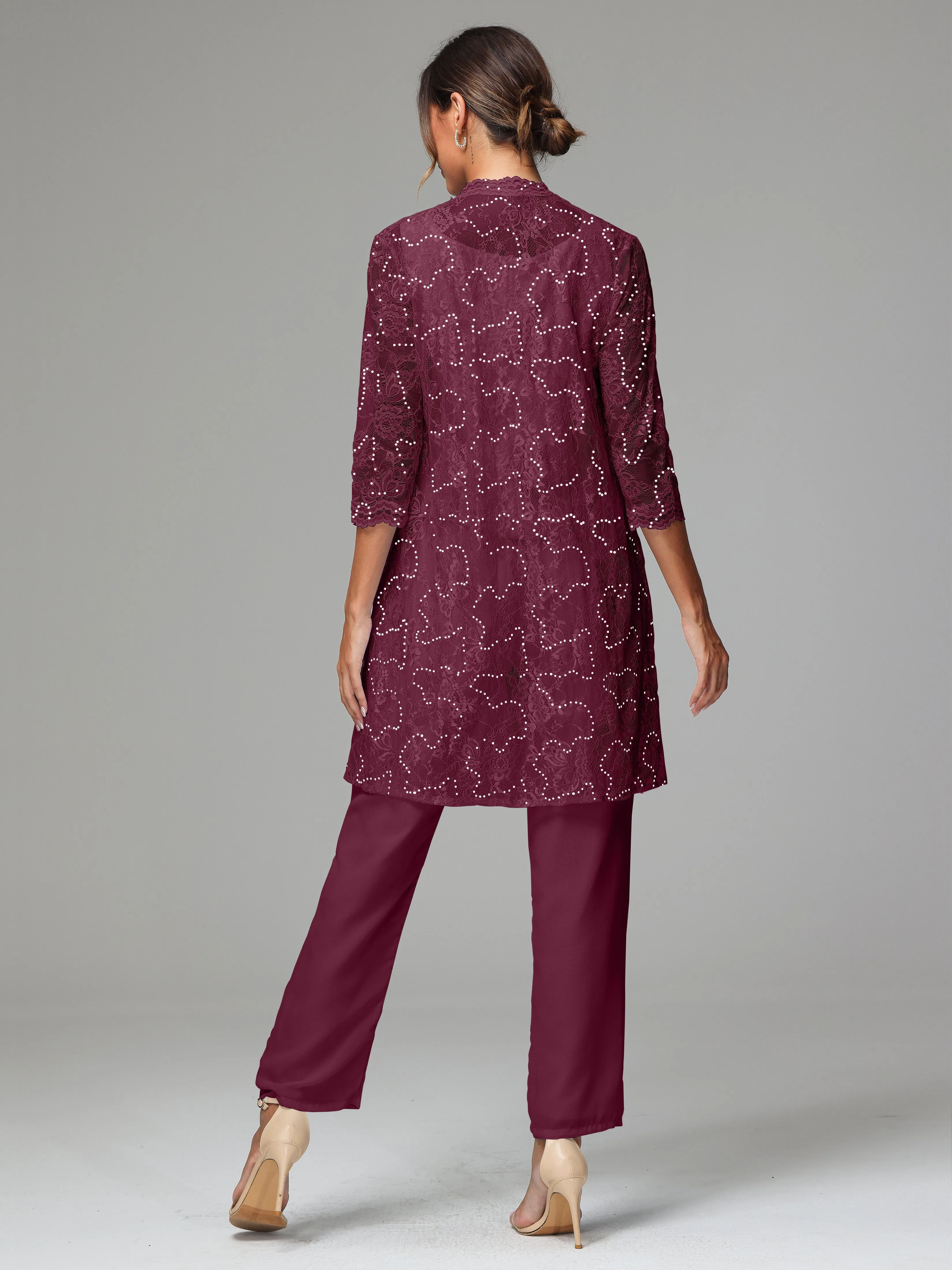 Chic Chiffon Lace 3 Pieces Long Sleeves Mother Of The Bride Dress Pants Suits