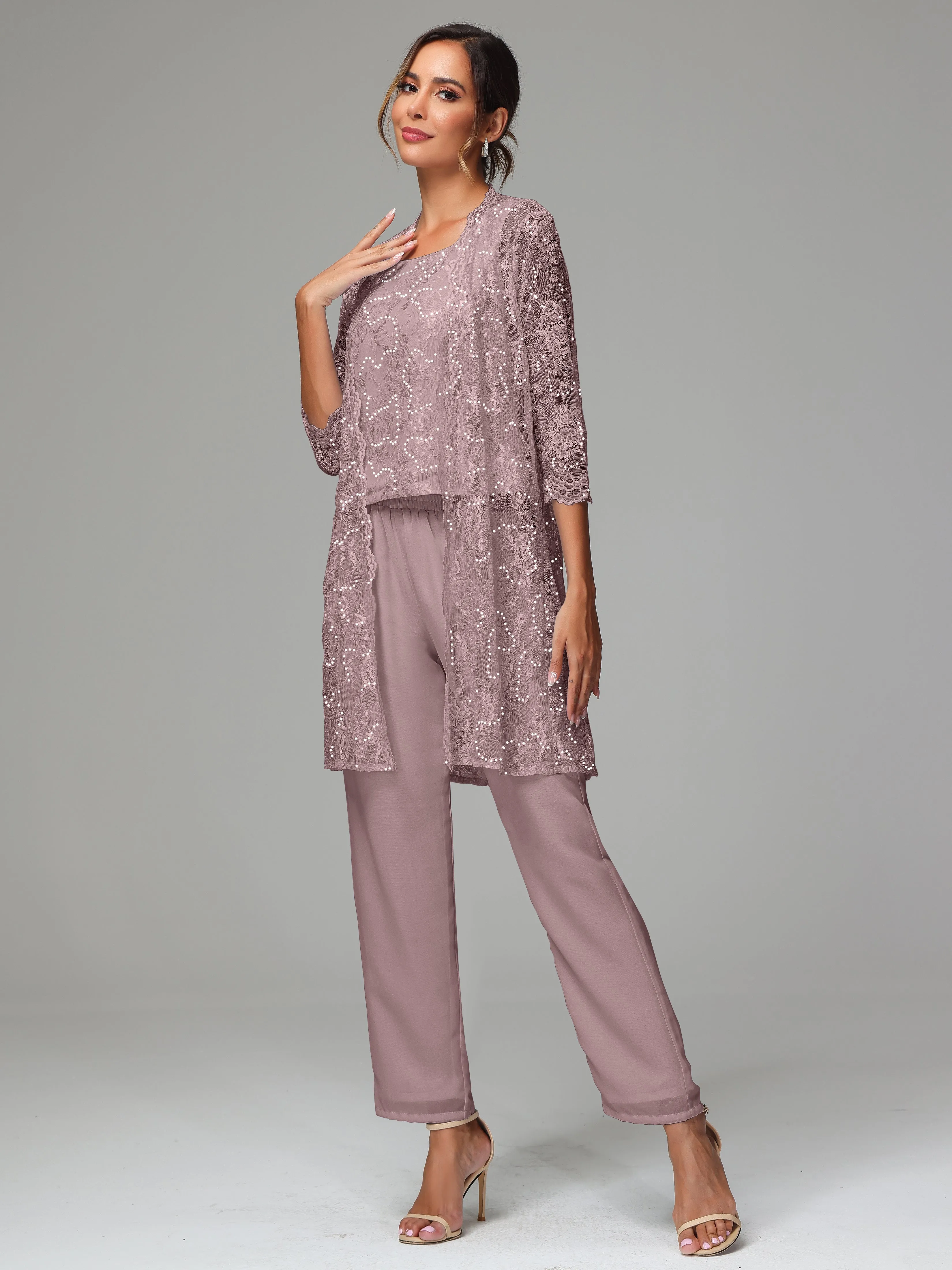 Chic Chiffon Lace 3 Pieces Long Sleeves Mother Of The Bride Dress Pants Suits