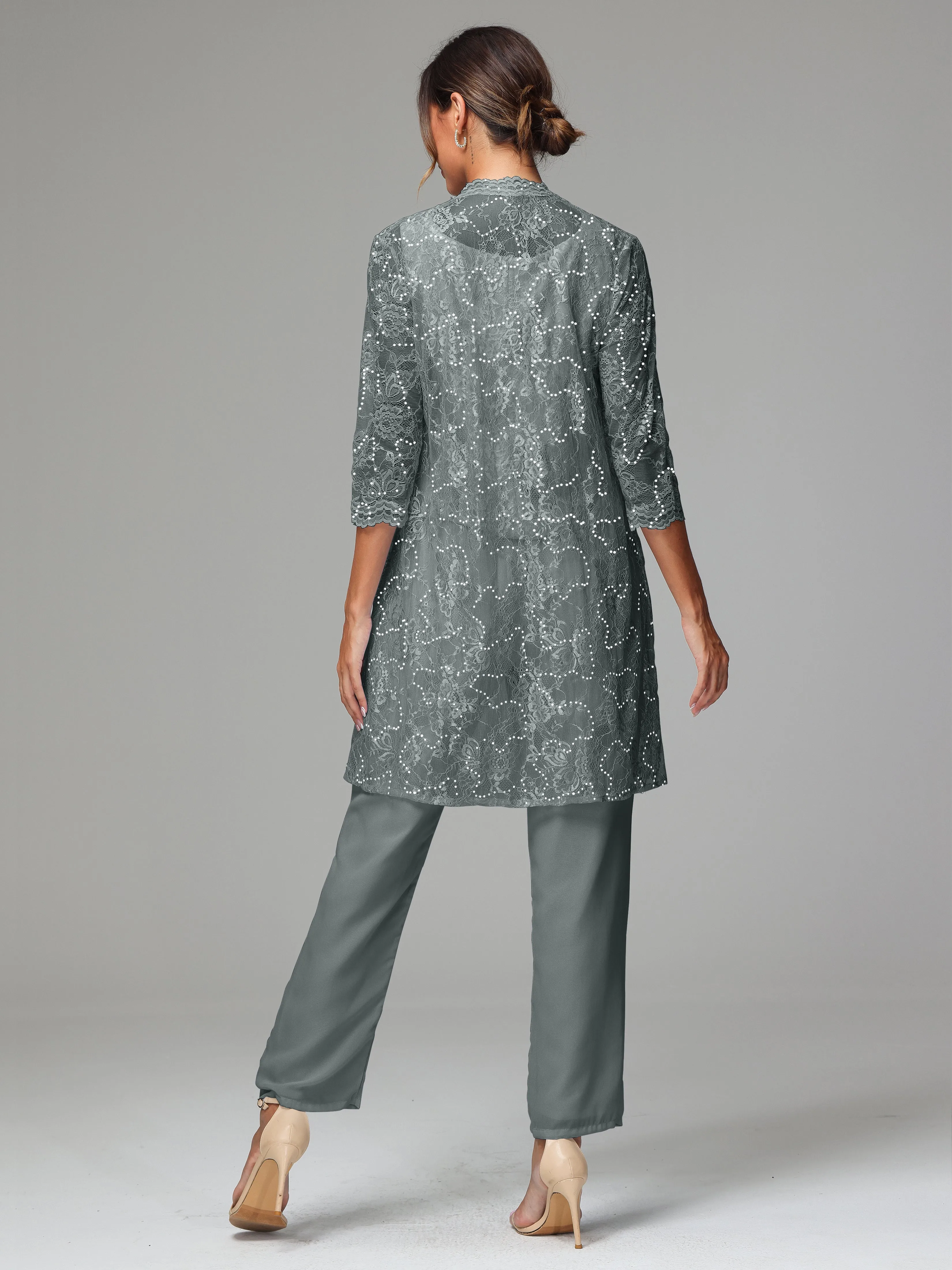 Chic Chiffon Lace 3 Pieces Long Sleeves Mother Of The Bride Dress Pants Suits