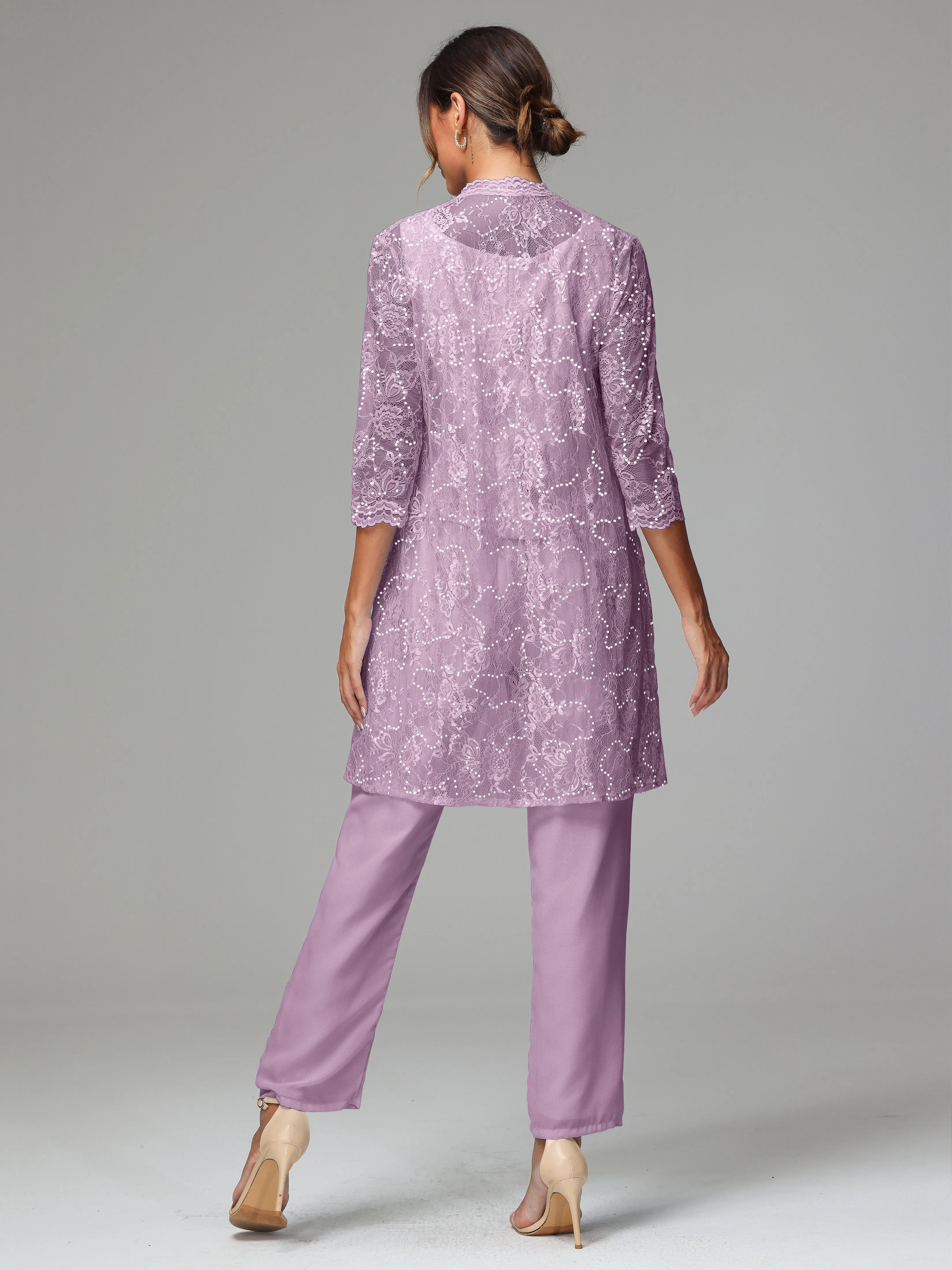 Chic Chiffon Lace 3 Pieces Long Sleeves Mother Of The Bride Dress Pants Suits