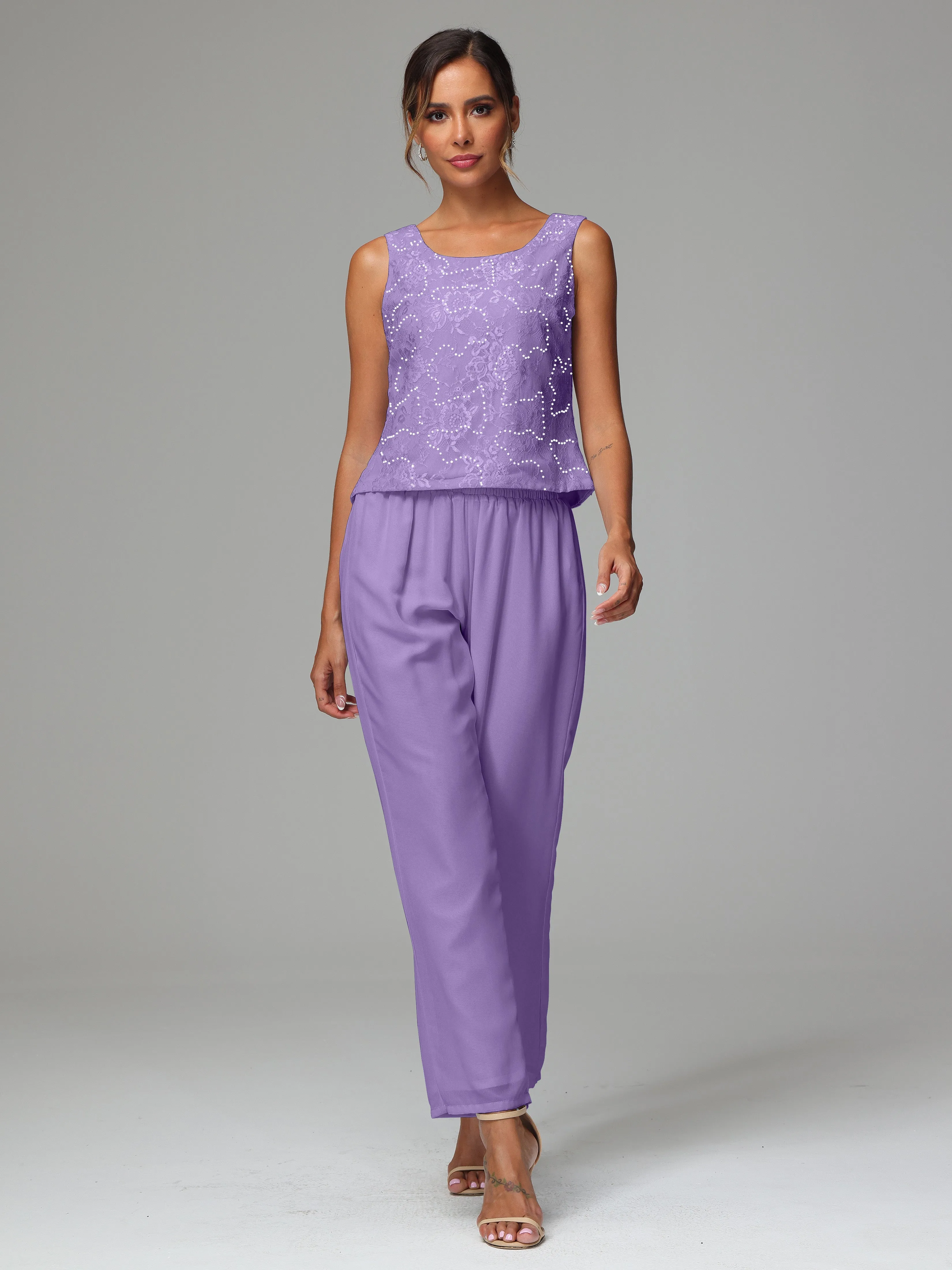 Chic Chiffon Lace 3 Pieces Long Sleeves Mother Of The Bride Dress Pants Suits