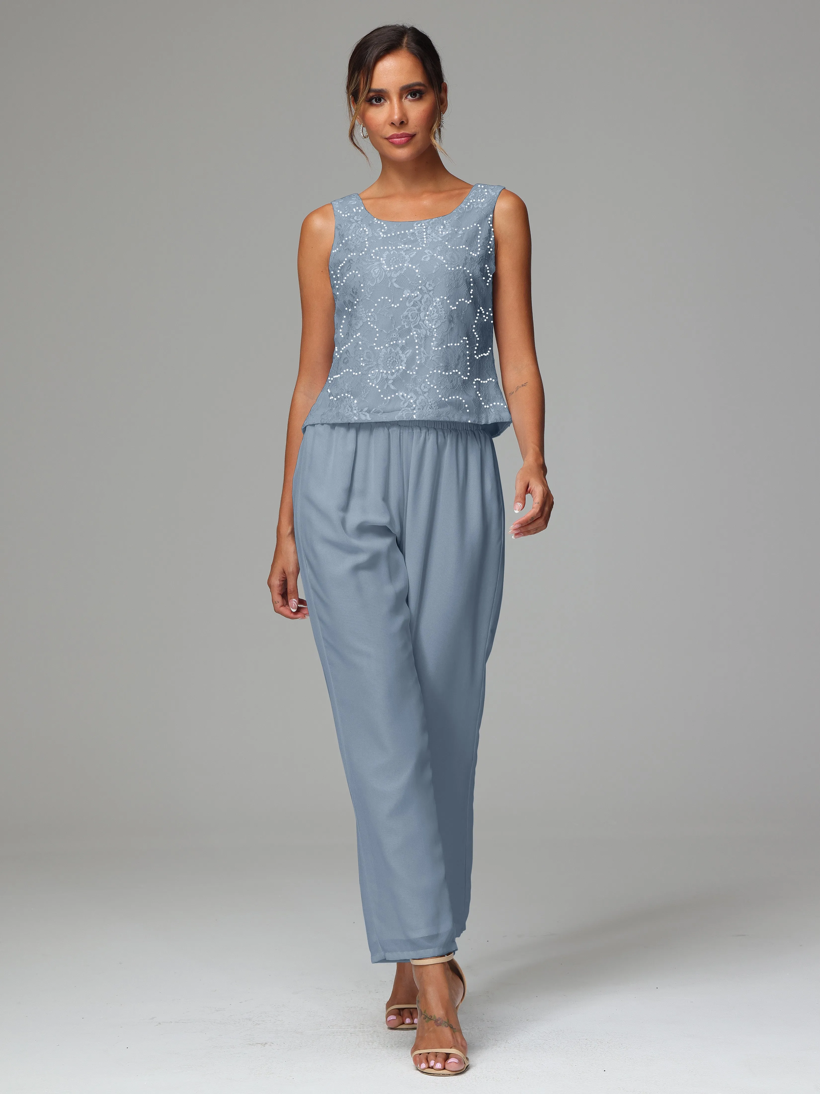 Chic Chiffon Lace 3 Pieces Long Sleeves Mother Of The Bride Dress Pants Suits