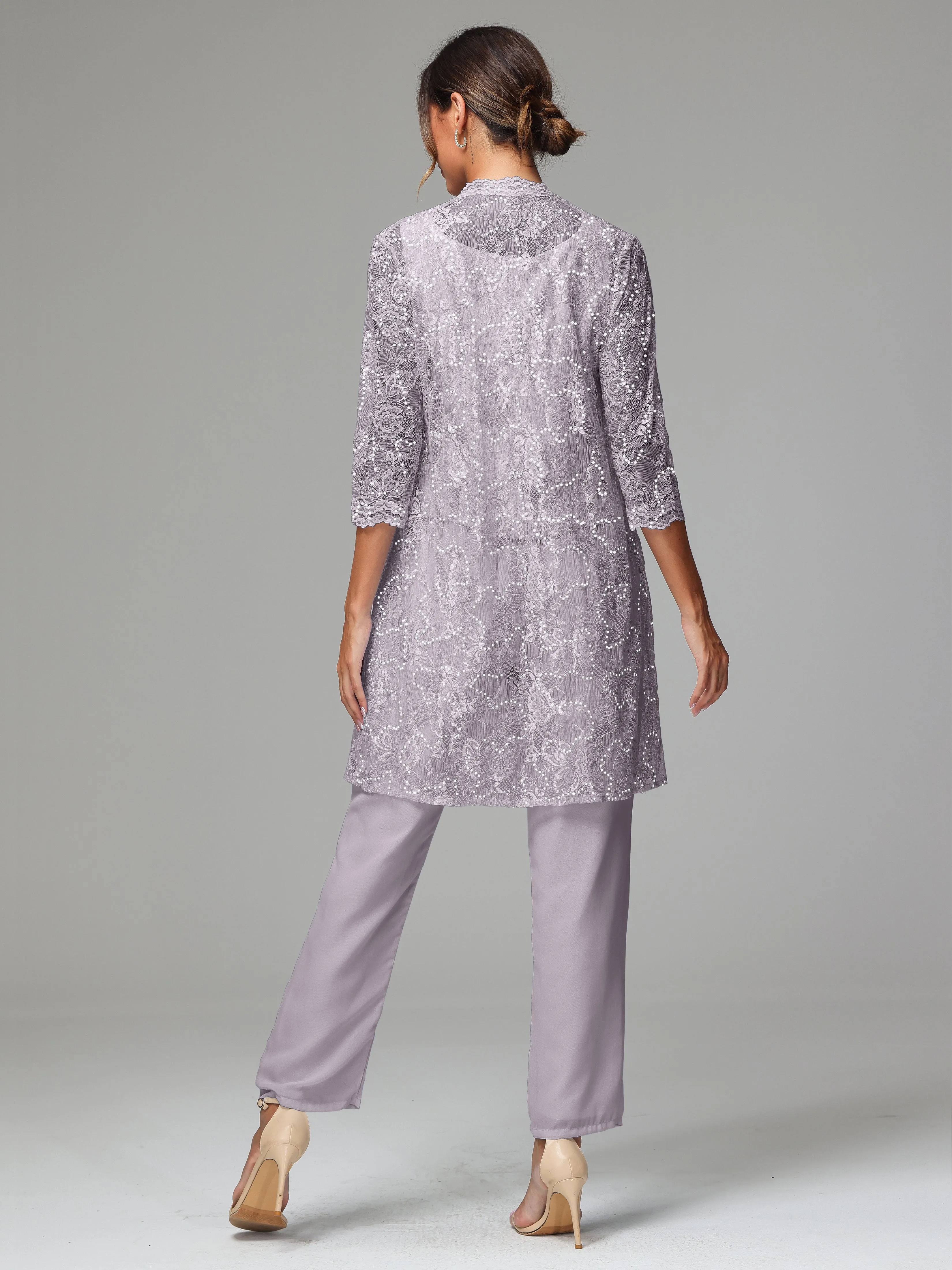 Chic Chiffon Lace 3 Pieces Long Sleeves Mother Of The Bride Dress Pants Suits