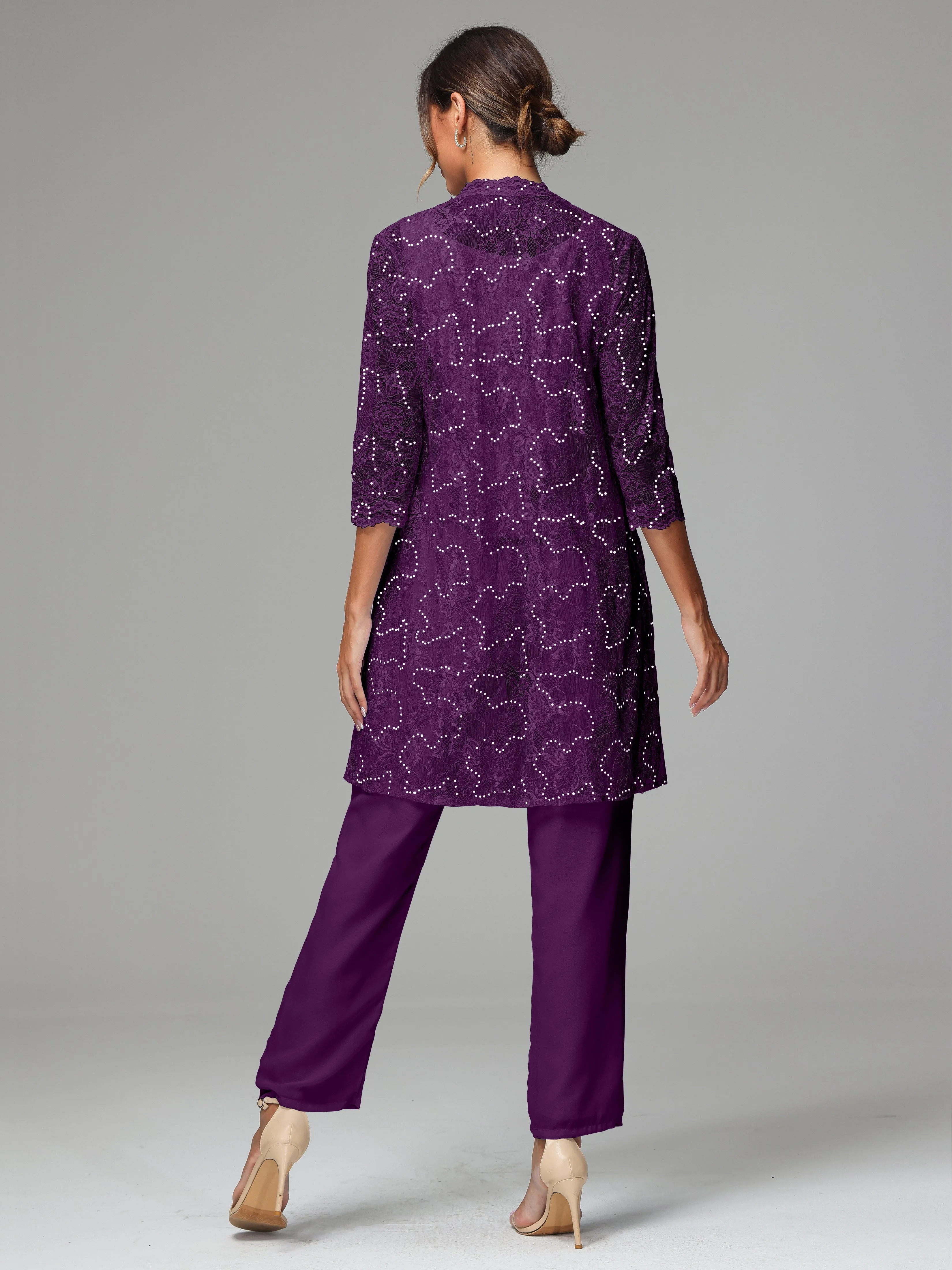 Chic Chiffon Lace 3 Pieces Long Sleeves Mother Of The Bride Dress Pants Suits