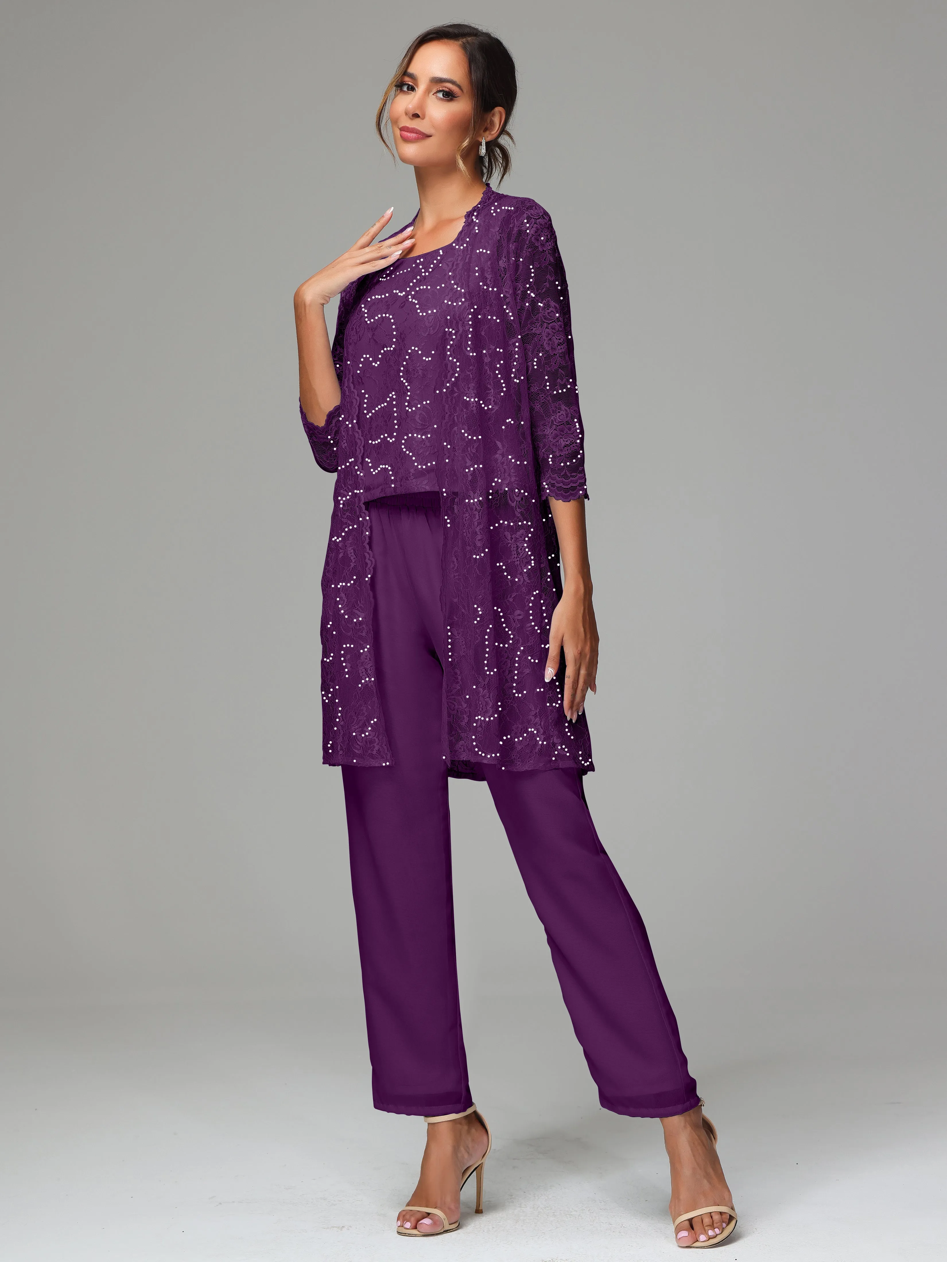 Chic Chiffon Lace 3 Pieces Long Sleeves Mother Of The Bride Dress Pants Suits