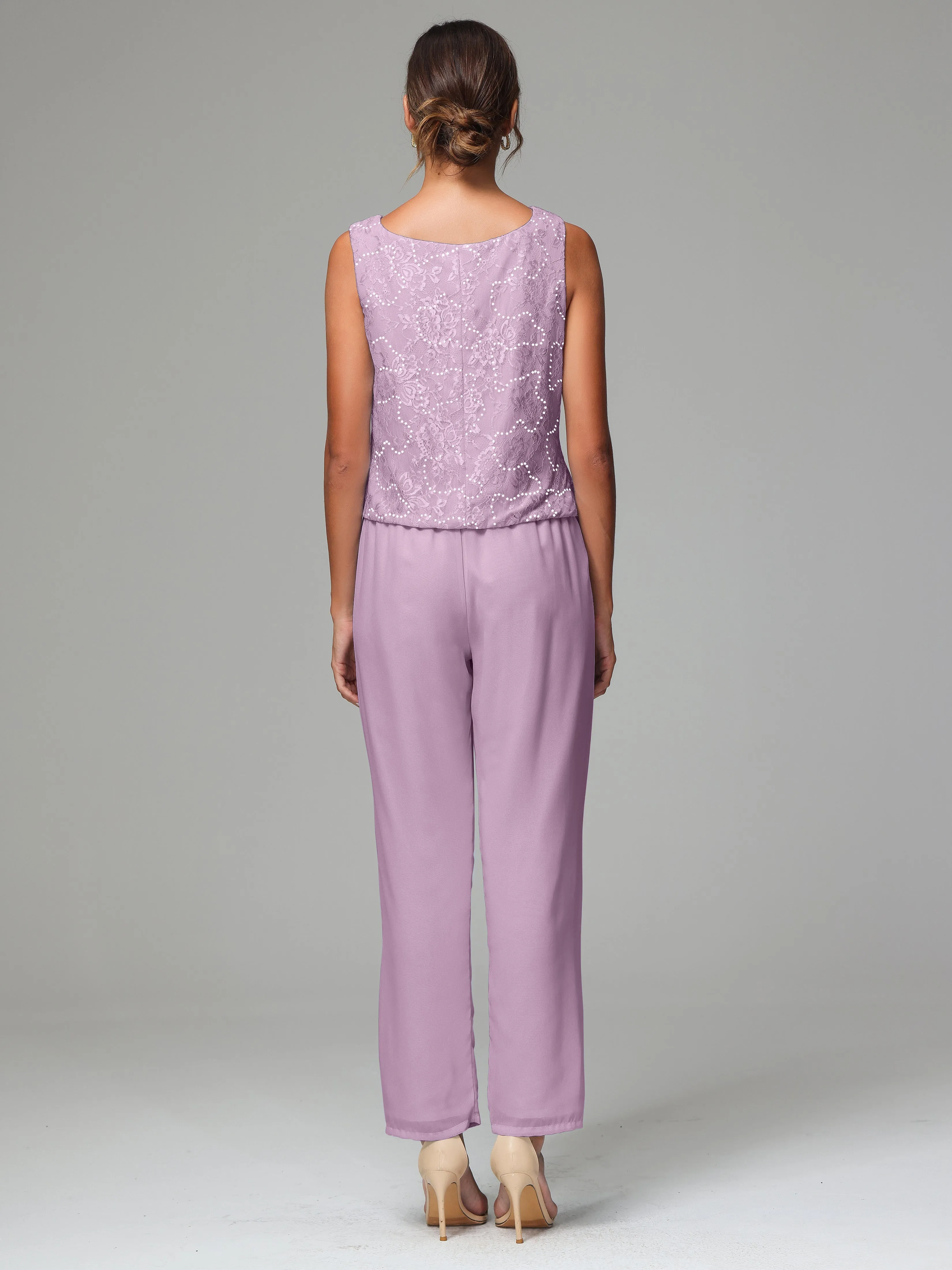 Chic Chiffon Lace 3 Pieces Long Sleeves Mother Of The Bride Dress Pants Suits
