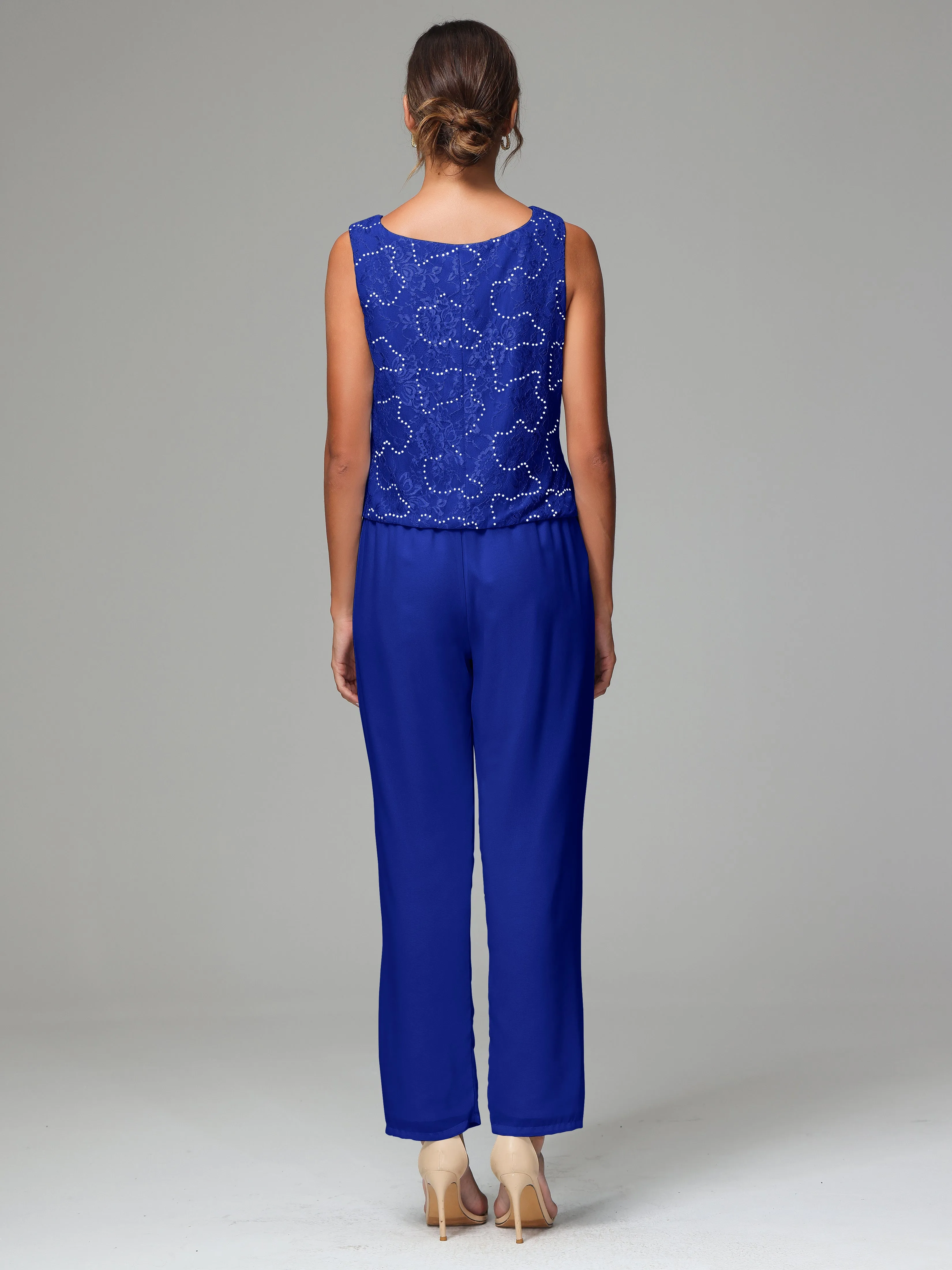 Chic Chiffon Lace 3 Pieces Long Sleeves Mother Of The Bride Dress Pants Suits