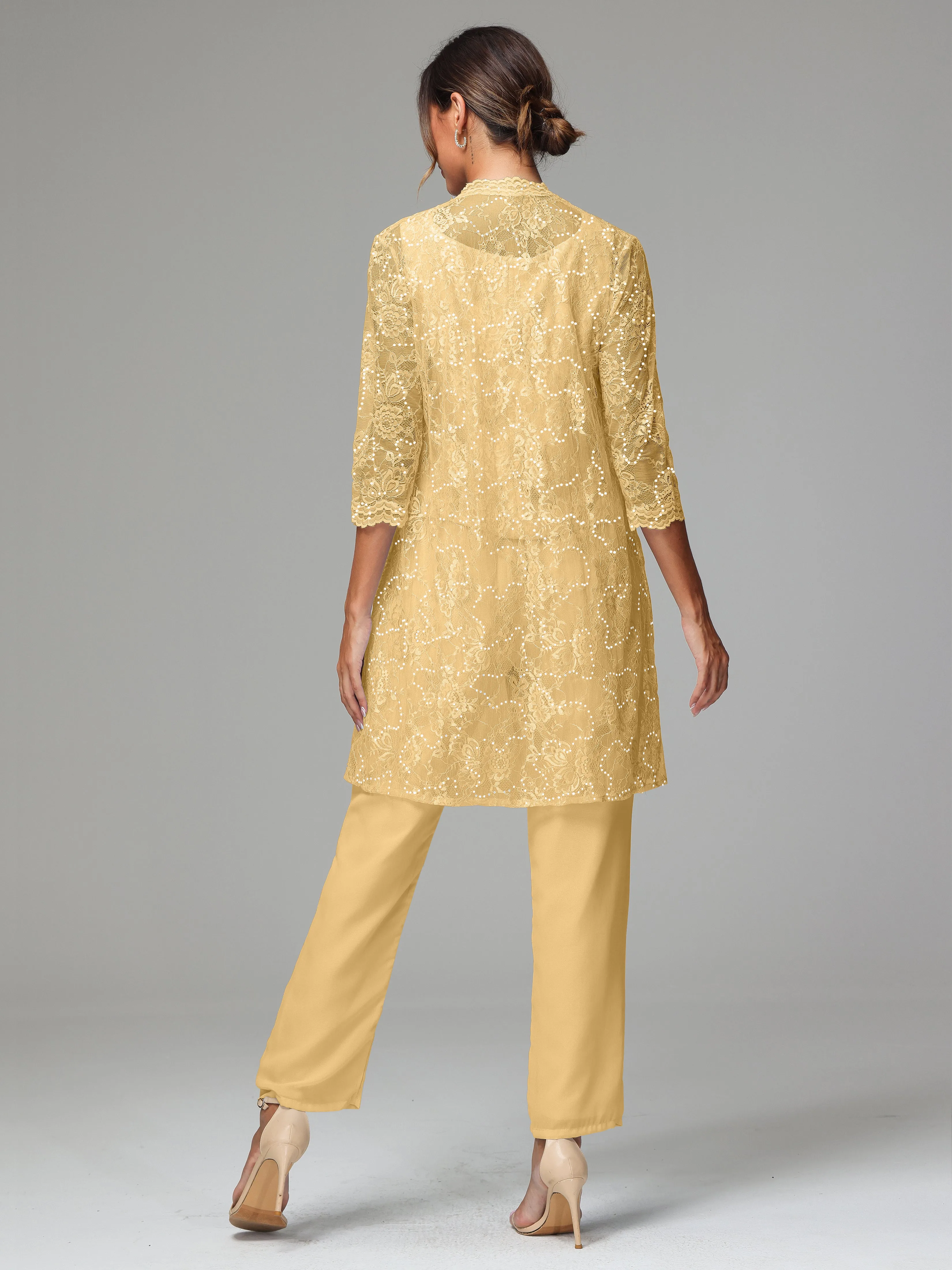 Chic Chiffon Lace 3 Pieces Long Sleeves Mother Of The Bride Dress Pants Suits