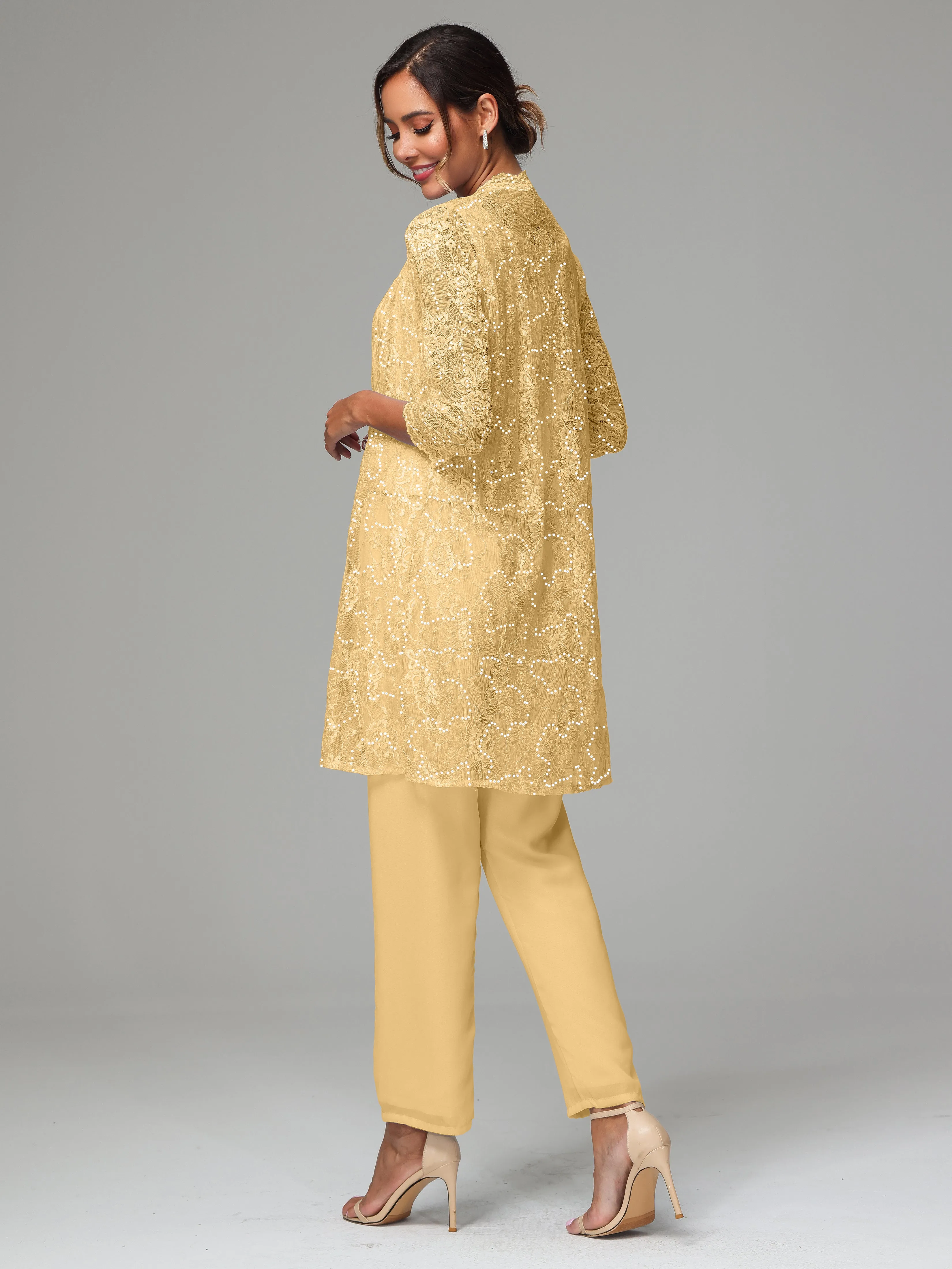 Chic Chiffon Lace 3 Pieces Long Sleeves Mother Of The Bride Dress Pants Suits