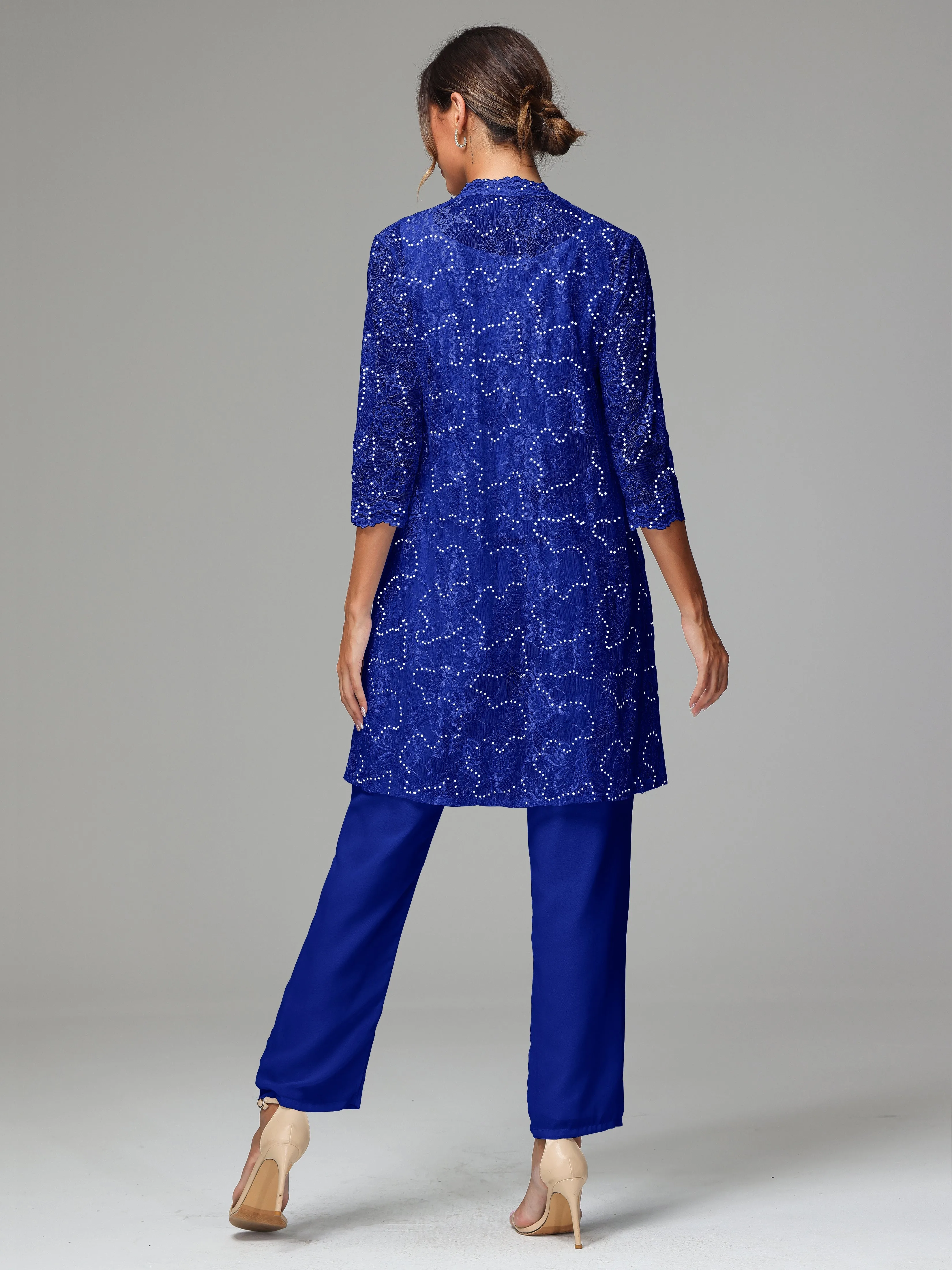 Chic Chiffon Lace 3 Pieces Long Sleeves Mother Of The Bride Dress Pants Suits