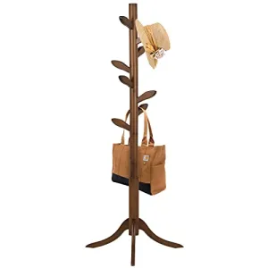Coat Rack Freestanding Bamboo Coat Tree Rack with 8 Leaf Hooks, 3-Size Height Adjustable for Adults & Younger, Clothes Hanger Stand for Jacket, Hat, Entryway/Hallway/Corner/Bedroom (Vintage Brown)