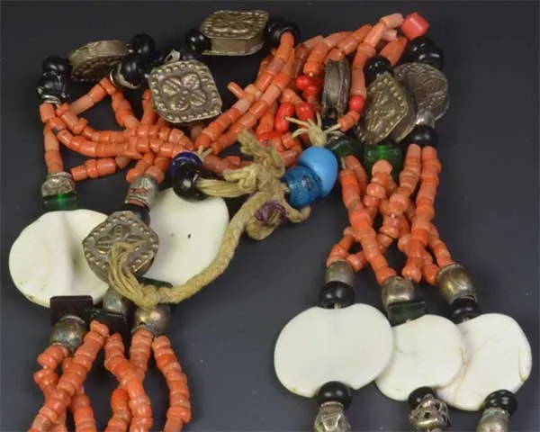 Coral, Shell and Silver Multi-strand Yemen Necklace