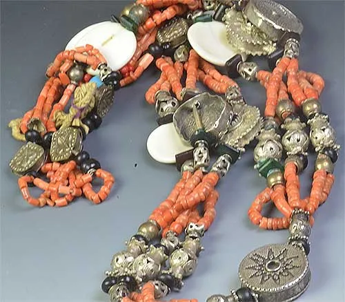 Coral, Shell and Silver Multi-strand Yemen Necklace