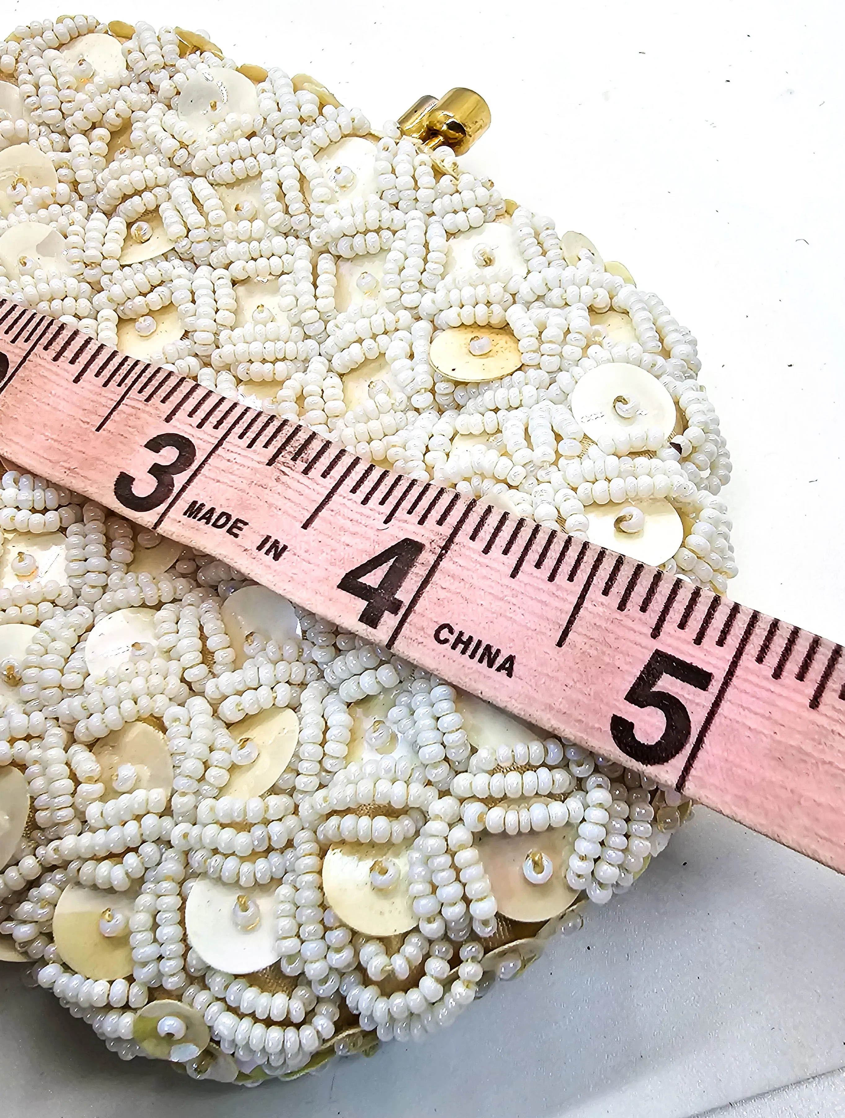 Cream seed bead and sequin vintage mid century coin purse