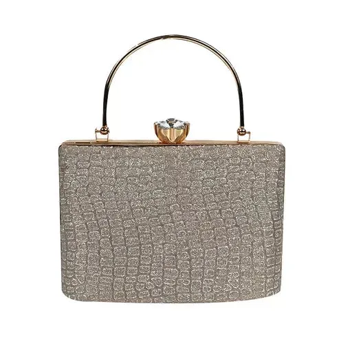 Elegant Silver Glitter Clutch – Luxe Croc-Texture Evening Bag with Gold Handle