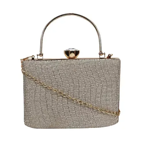 Elegant Silver Glitter Clutch – Luxe Croc-Texture Evening Bag with Gold Handle