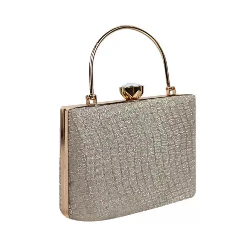 Elegant Silver Glitter Clutch – Luxe Croc-Texture Evening Bag with Gold Handle