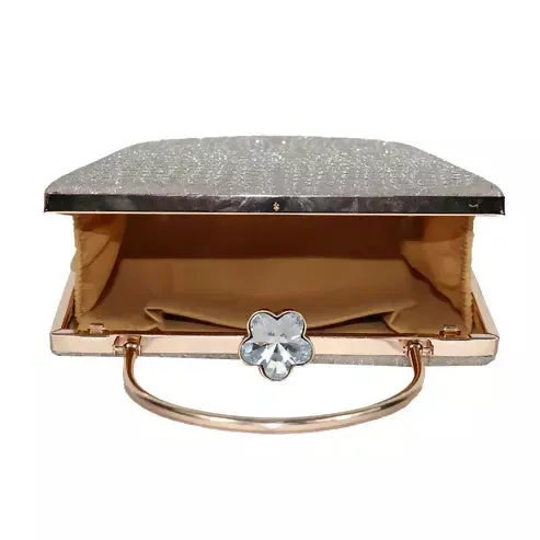Elegant Silver Glitter Clutch – Luxe Croc-Texture Evening Bag with Gold Handle