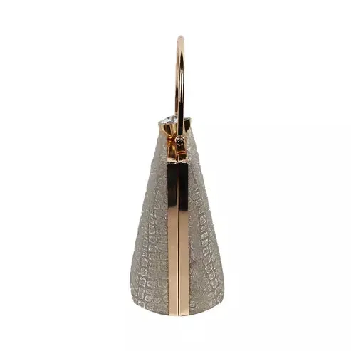 Elegant Silver Glitter Clutch – Luxe Croc-Texture Evening Bag with Gold Handle