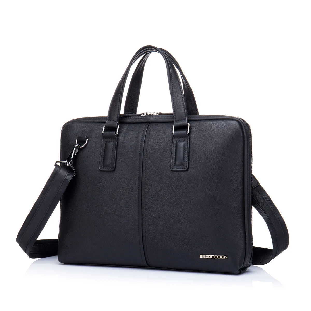 EnzoDesign Men's Urban Black Pebble Grained Leather 14" Laptop Soft Slim Brief