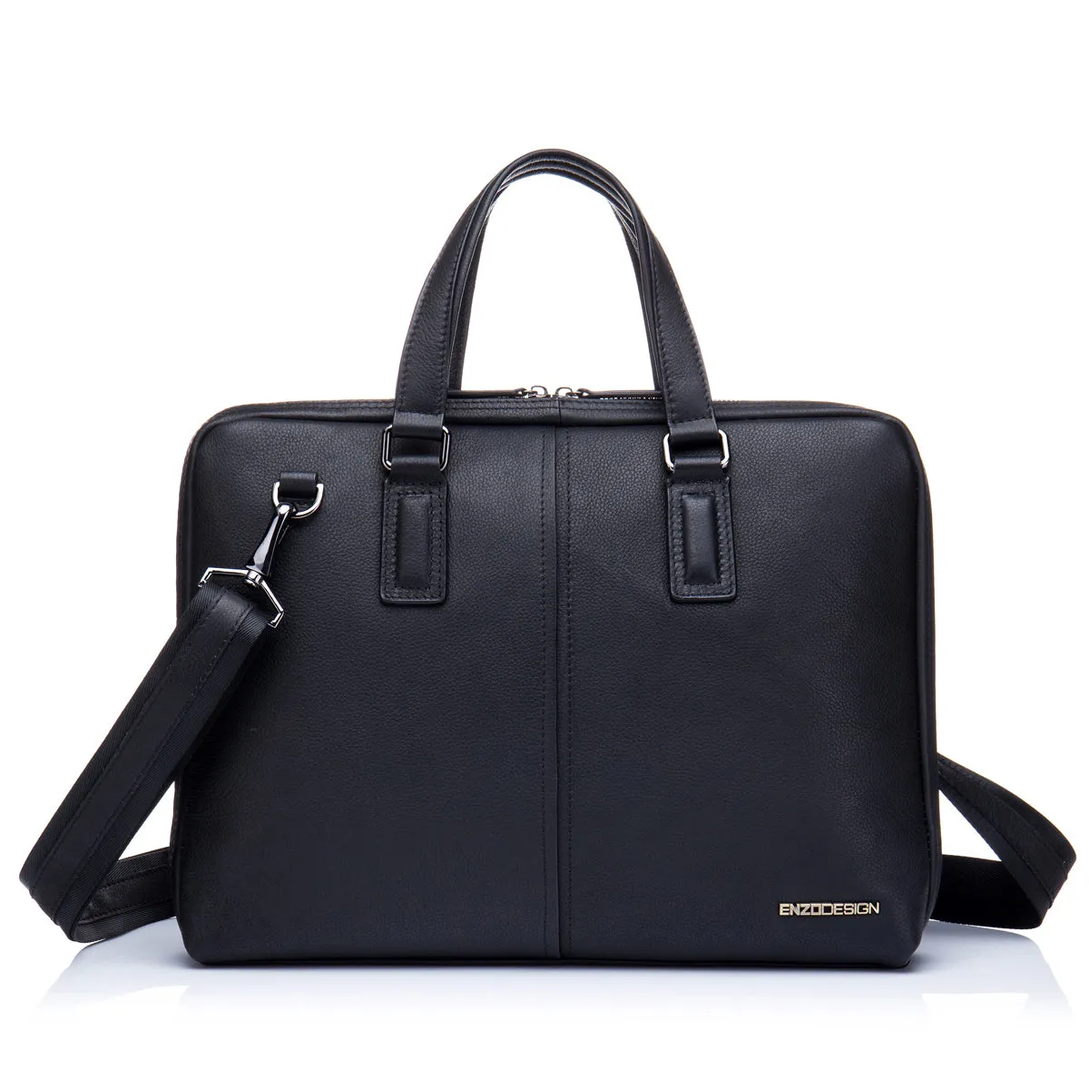 EnzoDesign Men's Urban Black Pebble Grained Leather 14" Laptop Soft Slim Brief