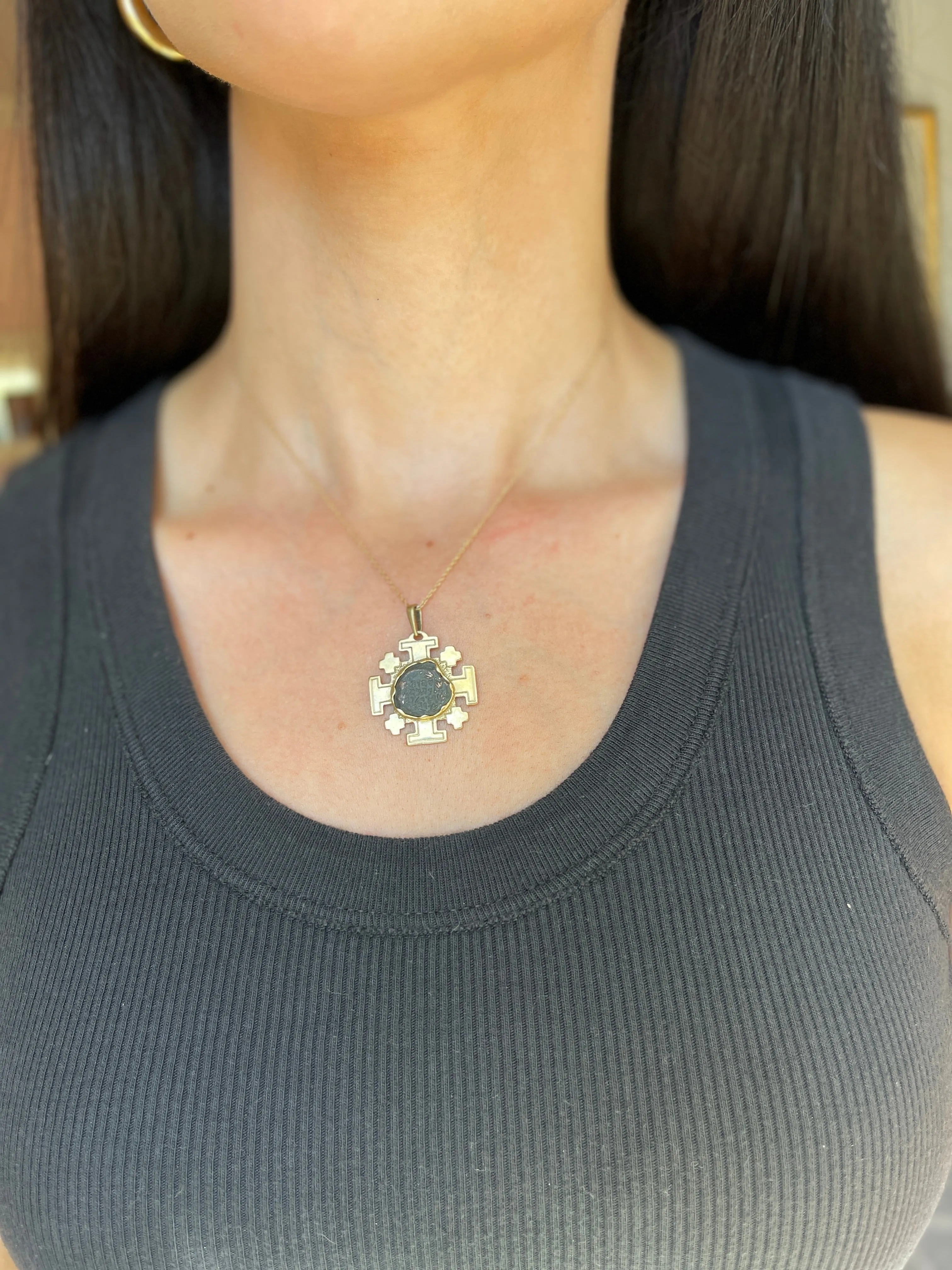 Estate 14KT Yellow Gold Widows Mite Coin Jerusalem Cross Pendant
