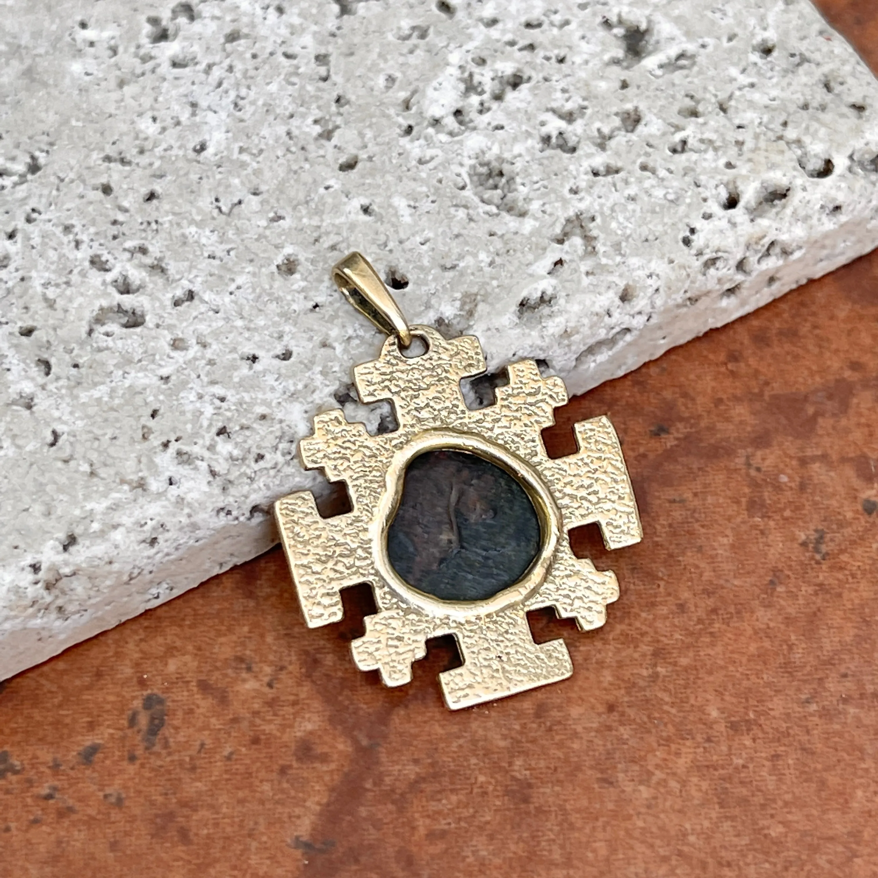 Estate 14KT Yellow Gold Widows Mite Coin Jerusalem Cross Pendant