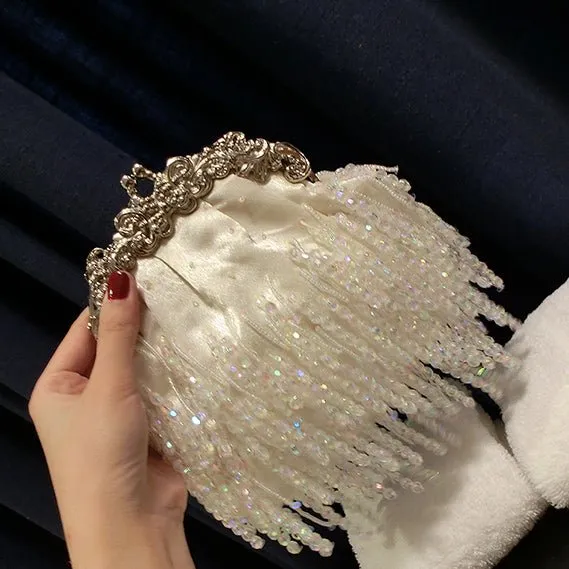 Fringed Satin Beaded Evening Bag