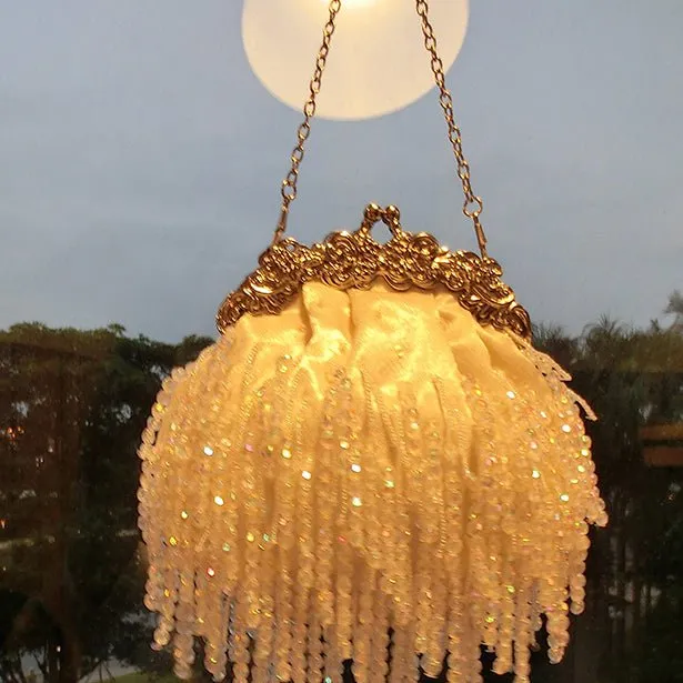 Fringed Satin Beaded Evening Bag