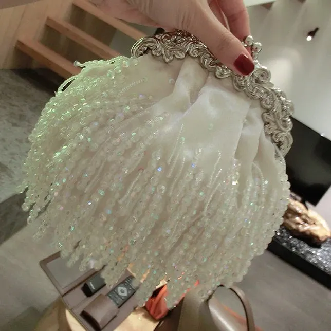 Fringed Satin Beaded Evening Bag