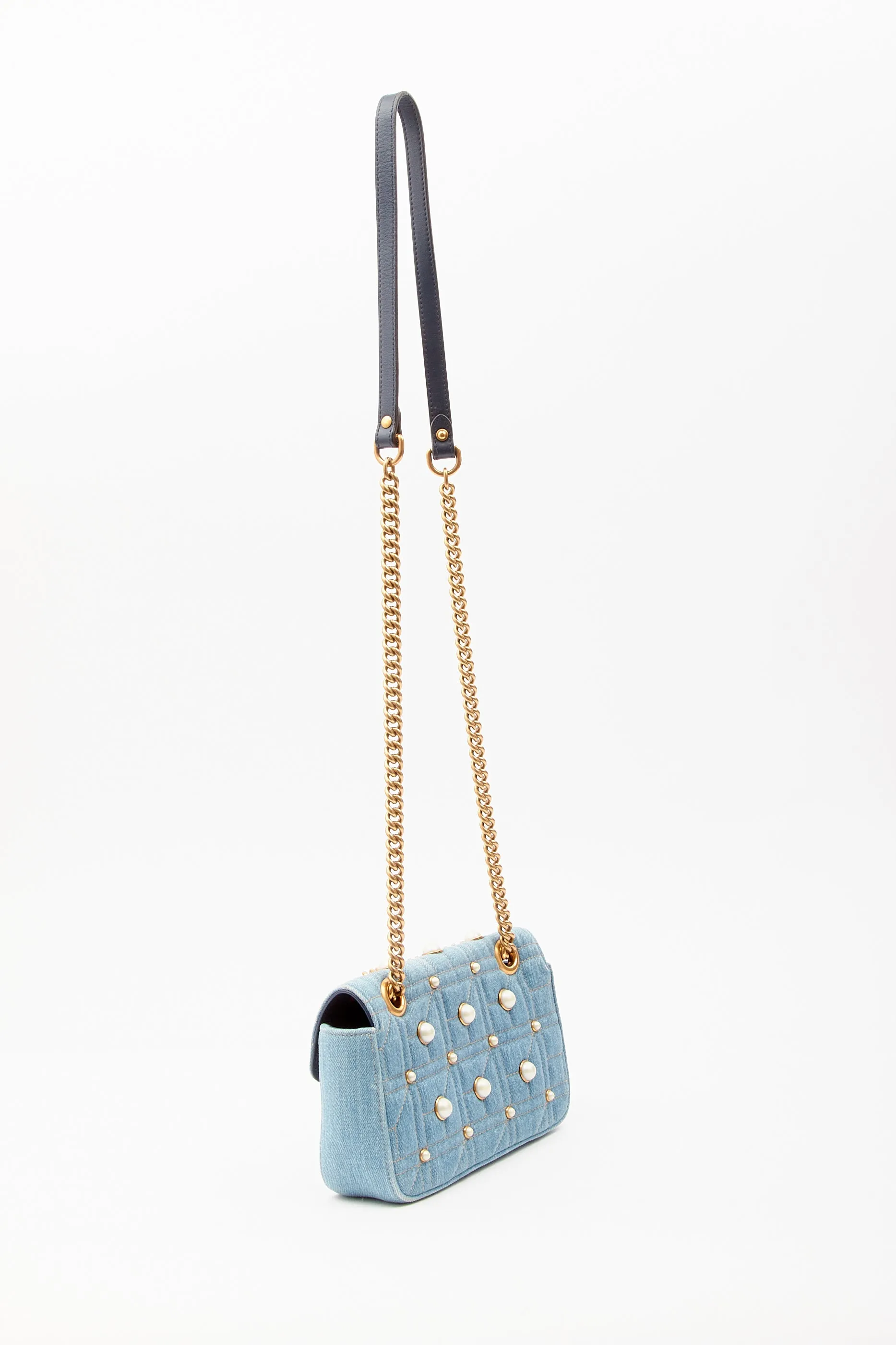 Gucci Blue Denim Matelasse Marmont GG Small Chain Bag