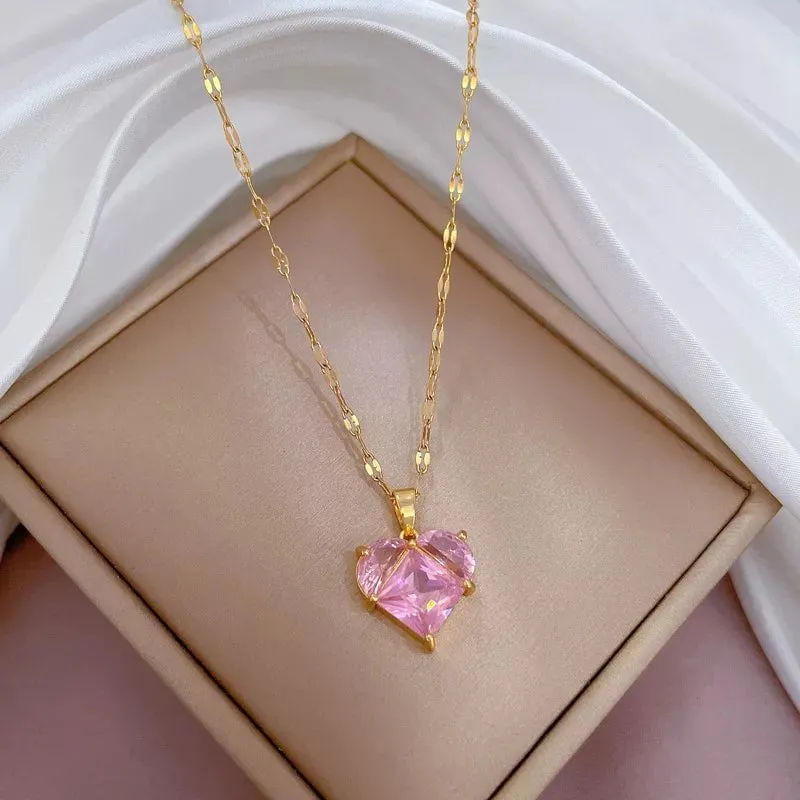 Heart-shaped pink zircon pendant necklace