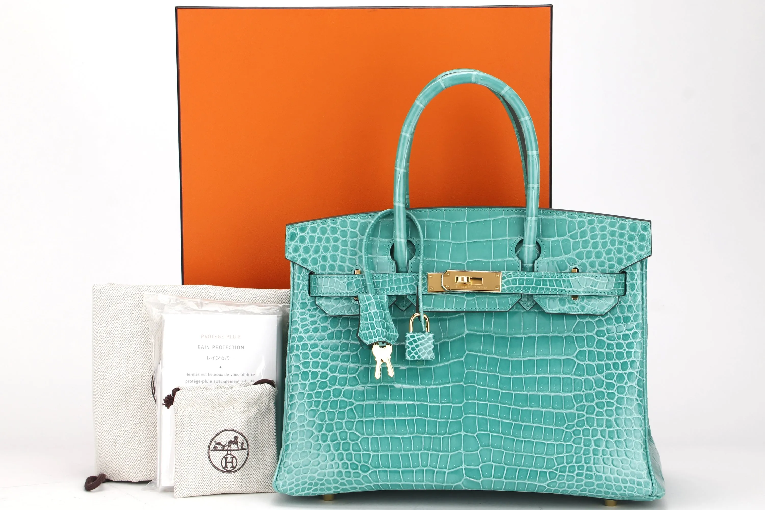 HERMES BIRKIN 30 (STAMP D) VERT JADE POROSUS CROCO LEATHER GOLD HARDWARE, WITH KEYS, LOCK, RAINCOAT, DUST COVER & BOX