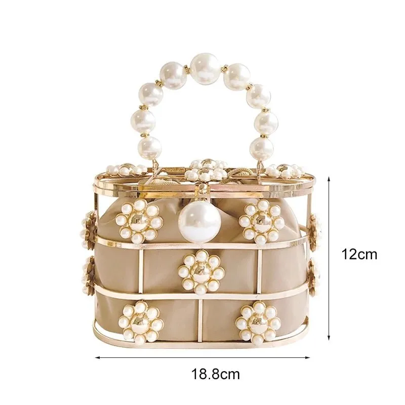 Hollow Pearl Flowers Metallic Wedding Clutch Purse Mini Bucket Handbag
